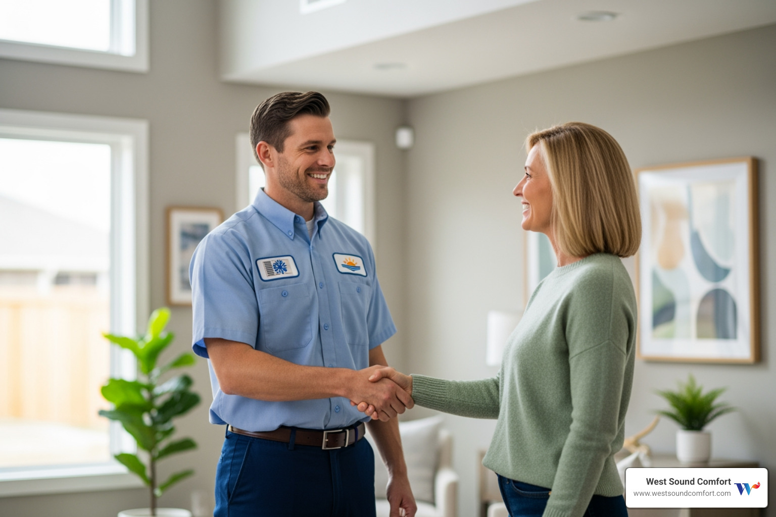friendly technician shaking a homeowner's hand - hvac repair in rocky point, wa friendly technician shaking a homeowner's hand - hvac repair in rocky point, wa