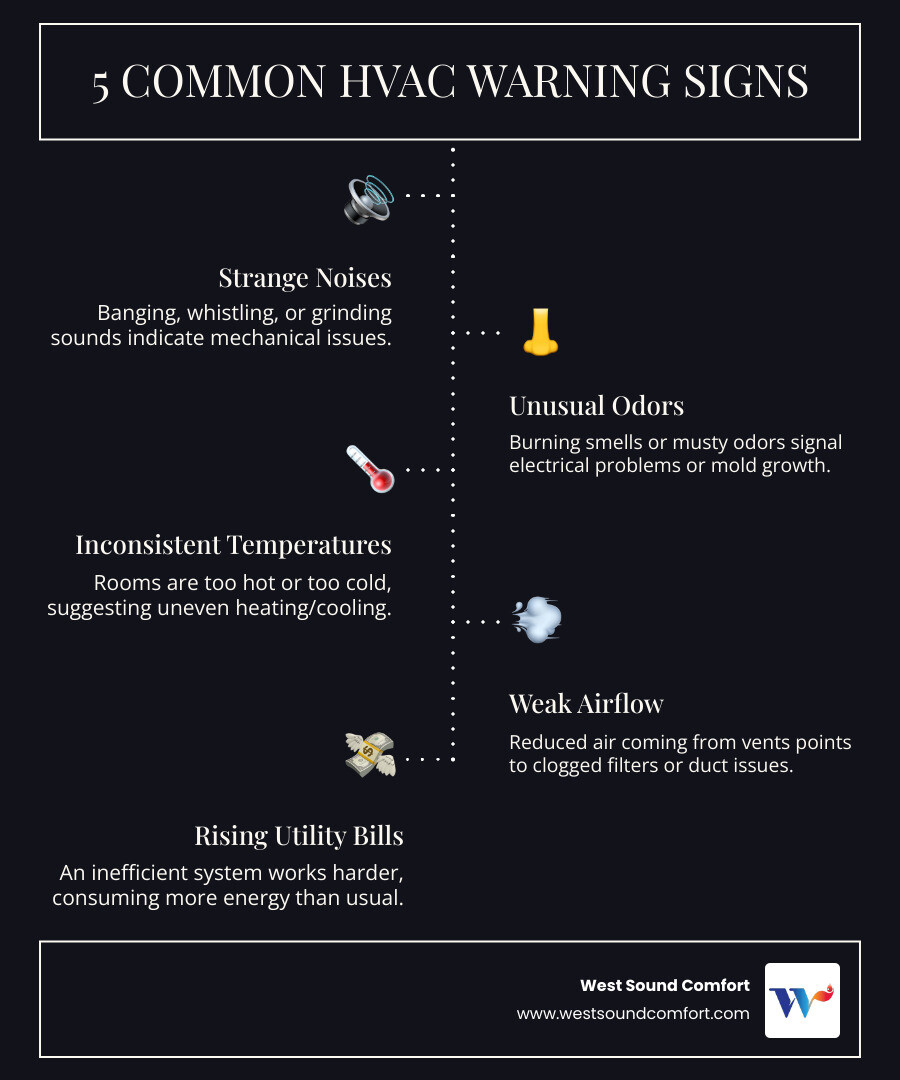 infographic showing 5 common HVAC warning signs: strange noises like banging or whistling, unusual burning or musty odors, rooms with inconsistent temperatures, weak airflow from vents, and unexplained spikes in utility bills - hvac repair in sequim, wa infographic infographic-line-5-steps-dark infographic showing 5 common HVAC warning signs: strange noises like banging or whistling, unusual burning or musty odors, rooms with inconsistent temperatures, weak airflow from vents, and unexplained spikes in utility bills - hvac repair in sequim, wa infographic infographic-line-5-steps-dark