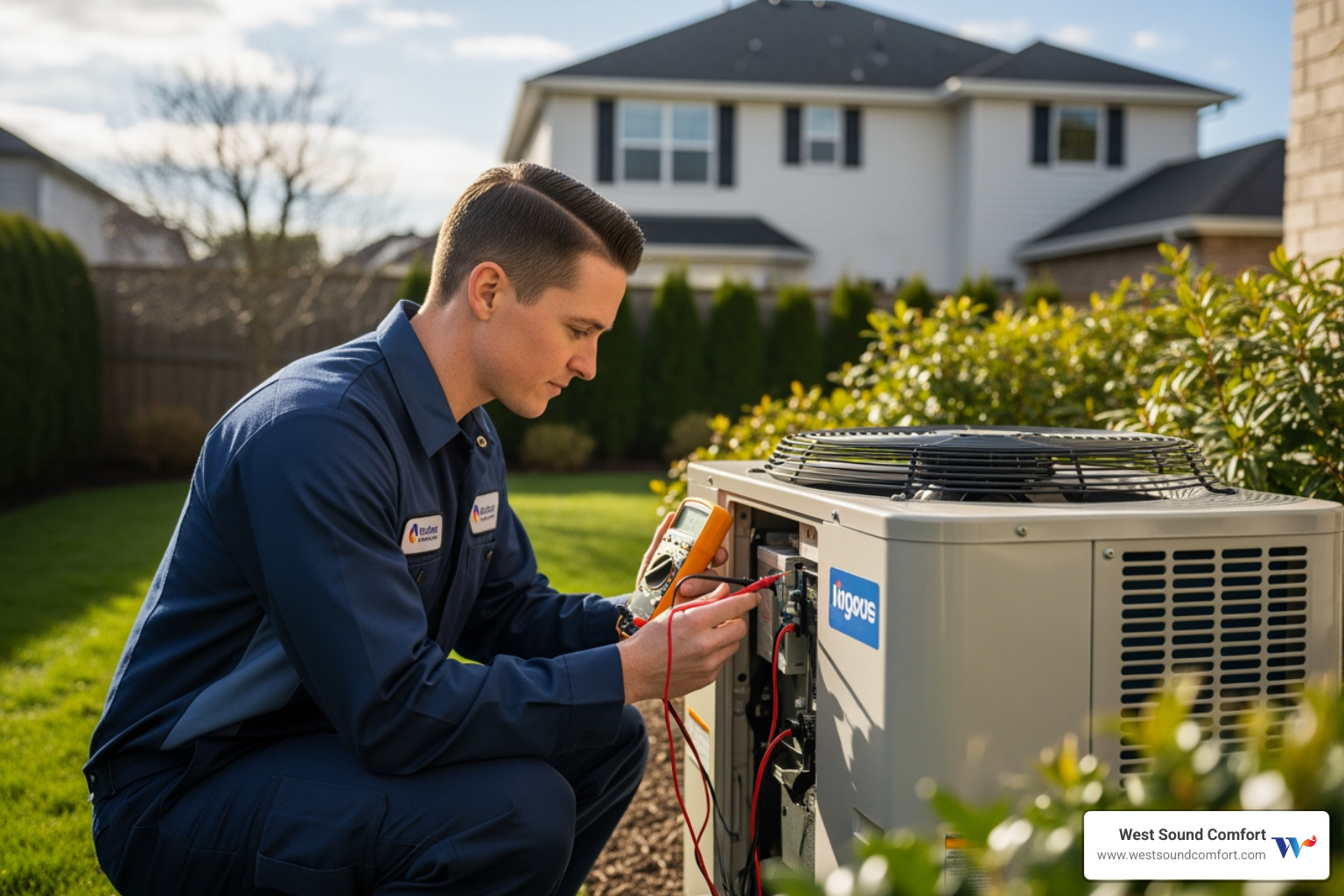 professional technician inspecting outdoor heat pump unit - hvac repair in sequim, wa professional technician inspecting outdoor heat pump unit - hvac repair in sequim, wa