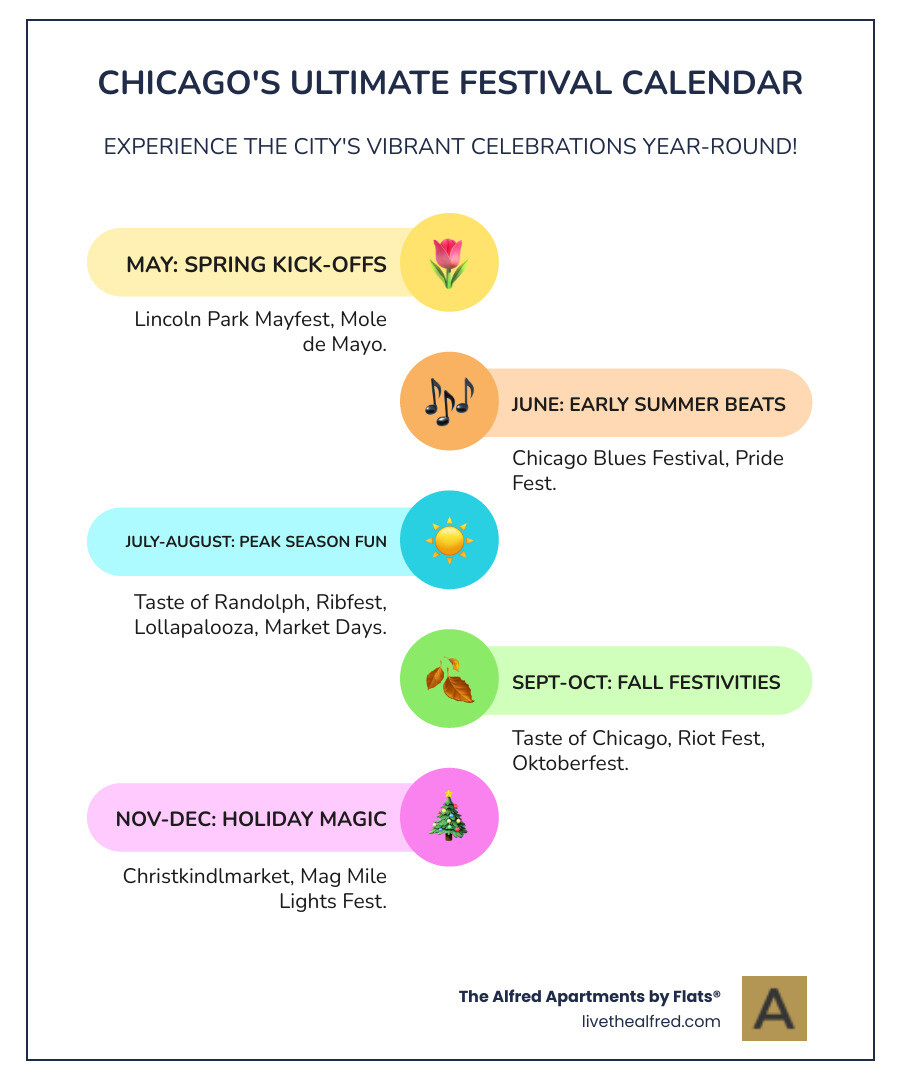 Infographic showing Chicago's festival calendar: May features Lincoln Park Mayfest and Mole de Mayo; June brings Chicago Blues Festival and Pride Fest; July highlights include Taste of Randolph and Ribfest Chicago; August showcases Lollapalooza and Northalsted Market Days; September features Taste of Chicago and Riot Fest; October includes Oktoberfest Chicago; November and December spotlight Christkindlmarket and Magnificent Mile Lights Festival - street festivals chicago infographic infographic-line-5-steps-colors
