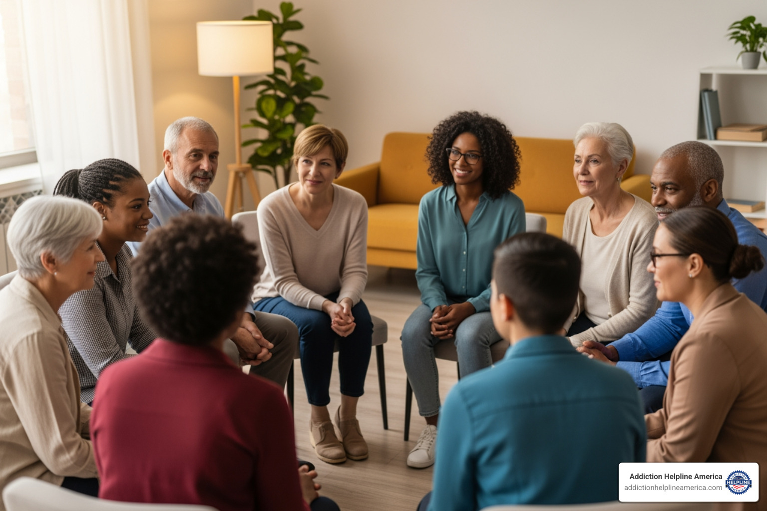 Image of a diverse group of people sitting in a circle during a supportive group therapy session - free rehab Colorado Springs