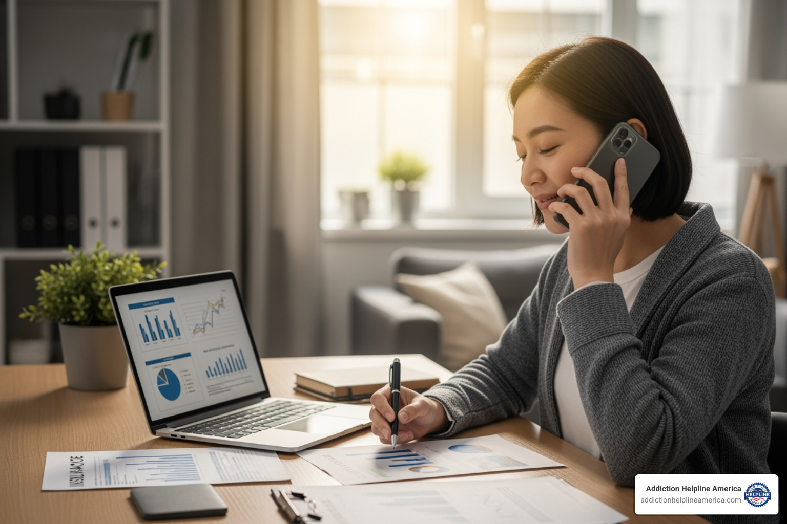 Person on the phone, looking relieved, representing sorting out insurance - what is alcohol rehab Person on the phone, looking relieved, representing sorting out insurance - what is alcohol rehab