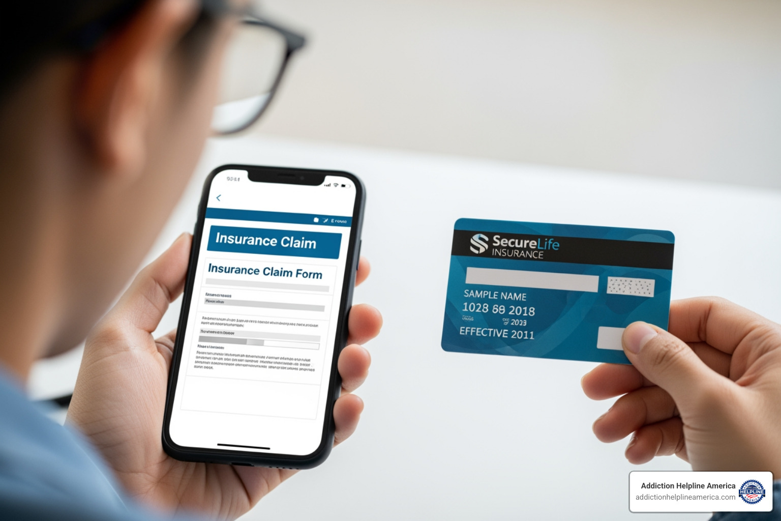 person on phone holding insurance card - inpatient rehabilitation centers near me