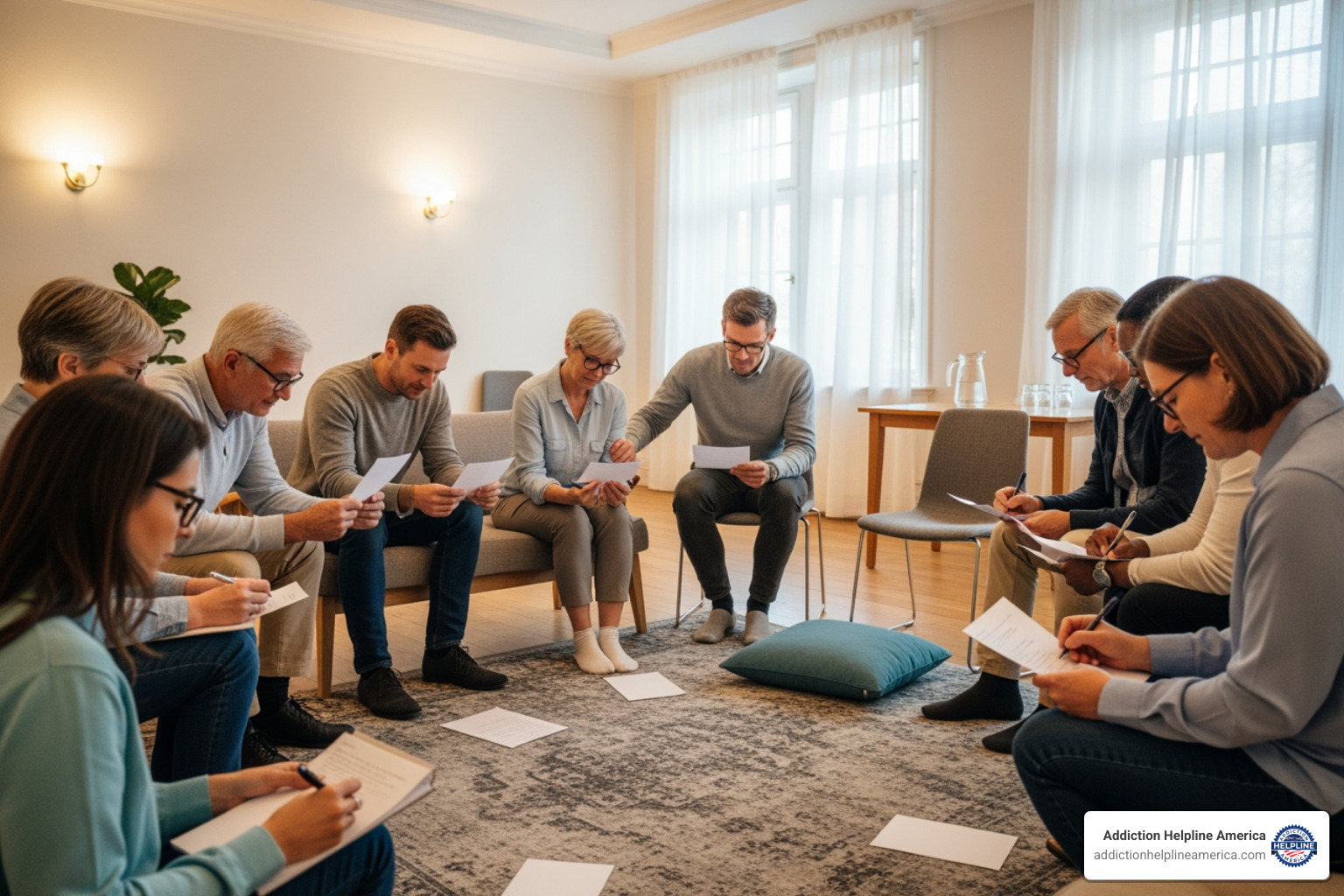 group of people sitting in a circle writing or reading letters - Mental health intervention