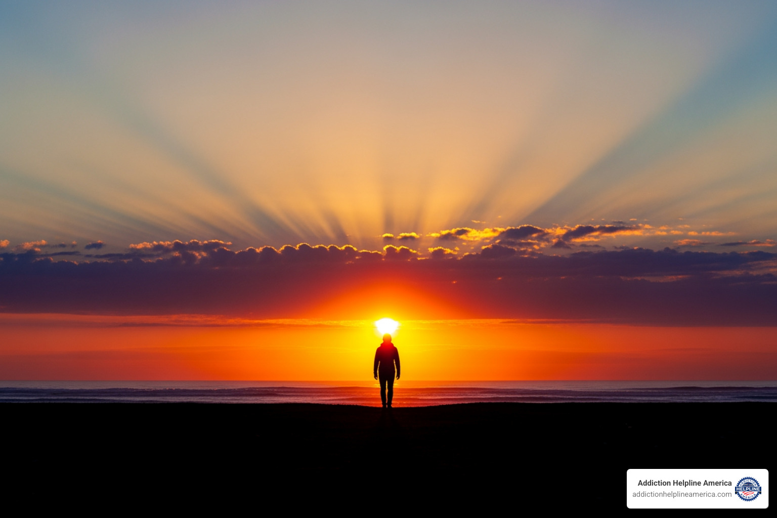 person walking towards a sunrise, symbolizing hope and recovery - Mental health intervention