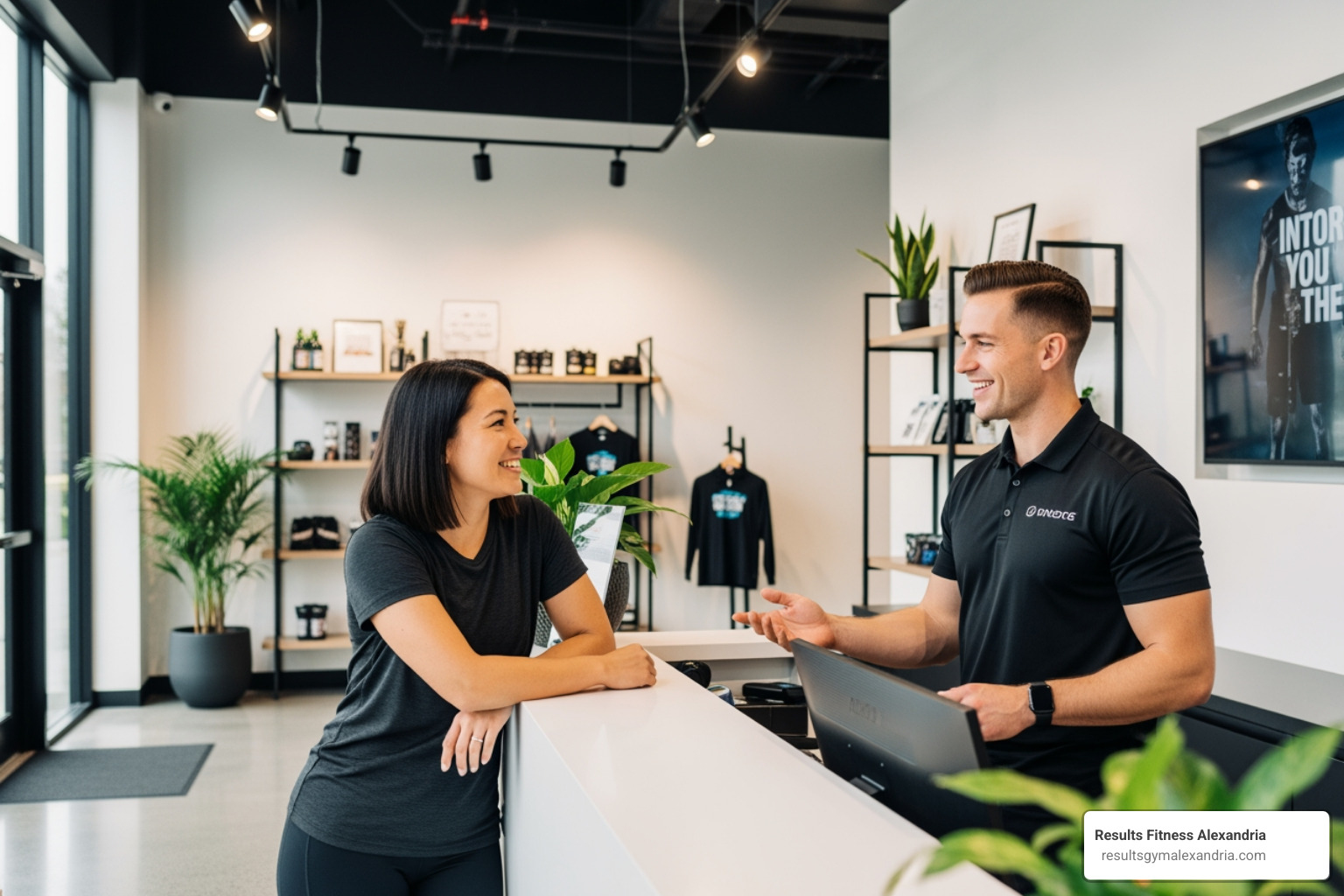 A woman talking to a friendly staff member at a gym reception desk - gym near me ladies A woman talking to a friendly staff member at a gym reception desk - gym near me ladies