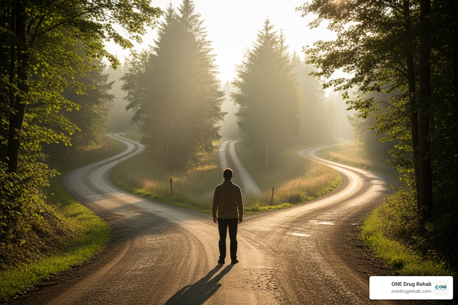 Person looking at multiple paths in recovery - post rehab support