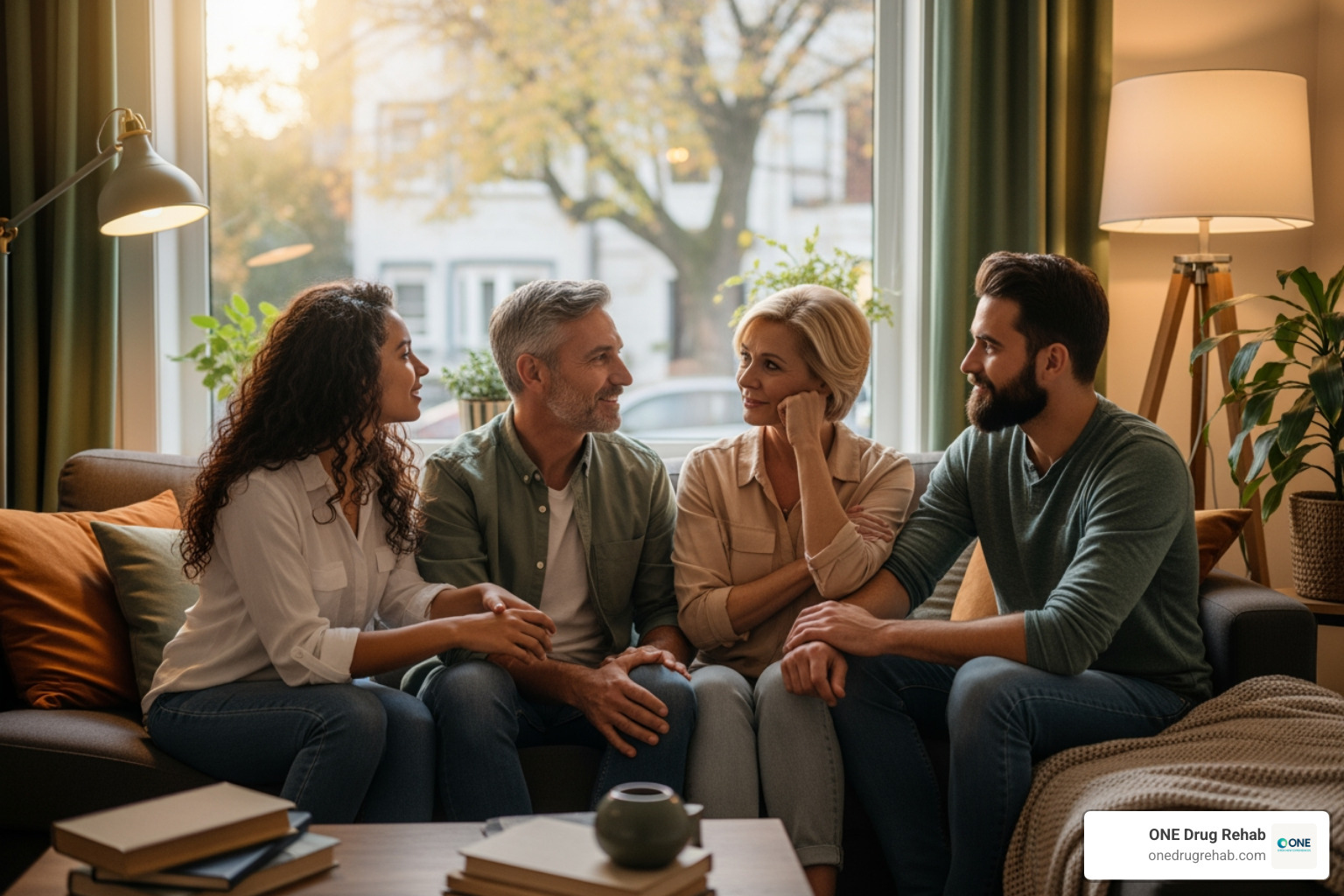 Family having a supportive conversation - post rehab support