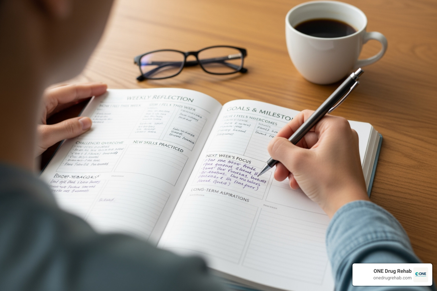 Person writing in a recovery planner - post rehab support
