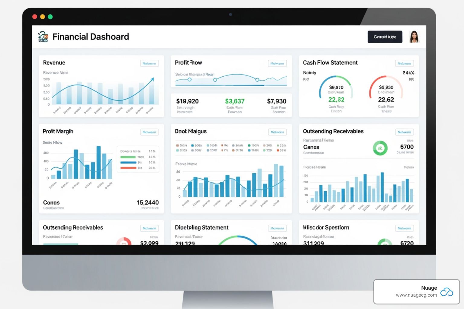 Sample NetSuite finance dashboard showing KPIs like revenue, profit margins, cash flow, and outstanding receivables - netsuite dashboards