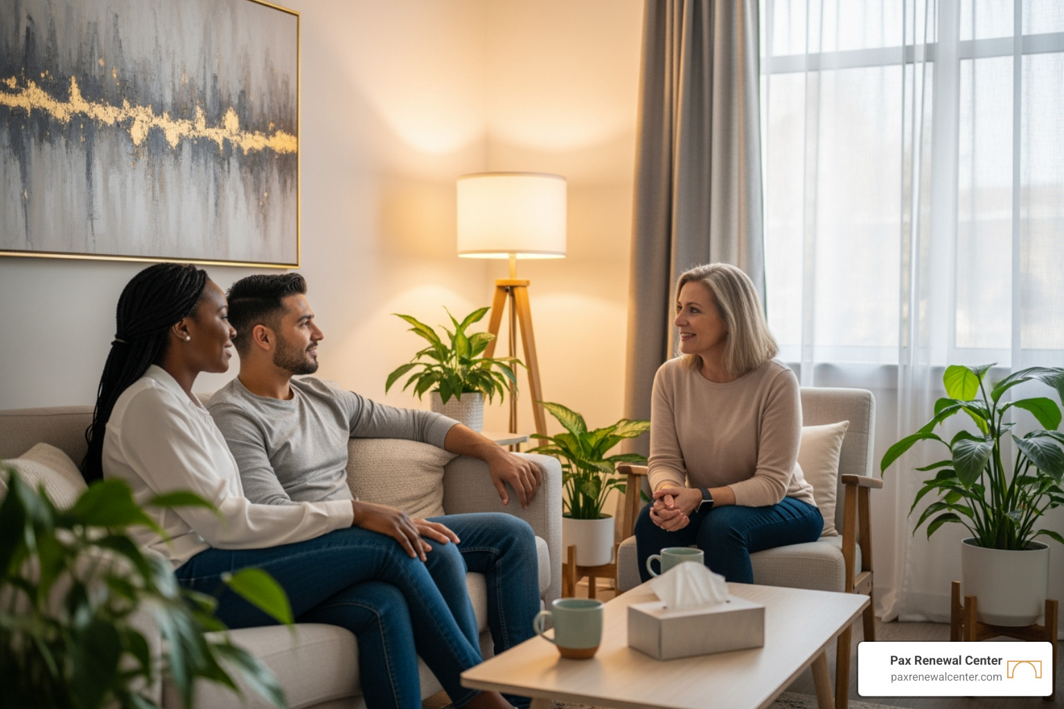 A couple talking openly with a therapist, demonstrating active listening and engagement in a warm, inviting therapy room. - relationship counseling near me A couple talking openly with a therapist, demonstrating active listening and engagement in a warm, inviting therapy room. - relationship counseling near me
