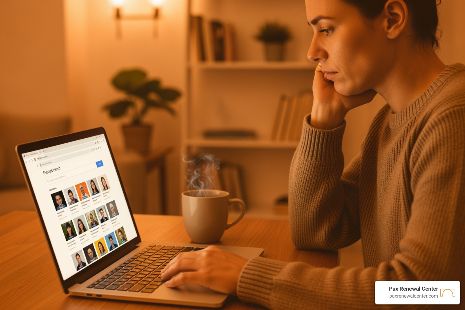 A person thoughtfully searching for a therapist on a laptop, with a warm color overlay. - relationship counseling near me A person thoughtfully searching for a therapist on a laptop, with a warm color overlay. - relationship counseling near me