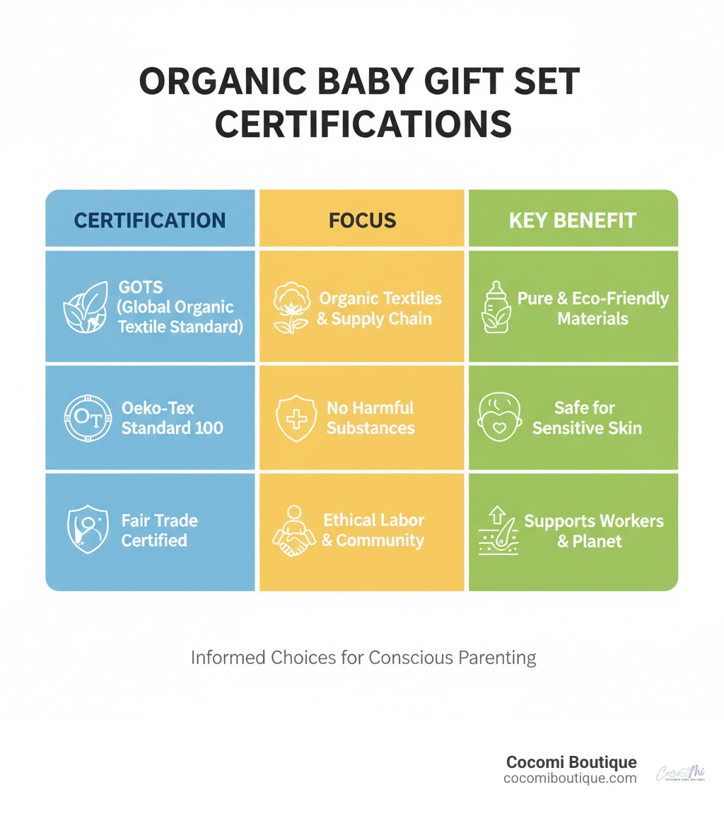 table comparing GOTS, Oeko-Tex, and Fair Trade certifications - organic baby gift set infographic 