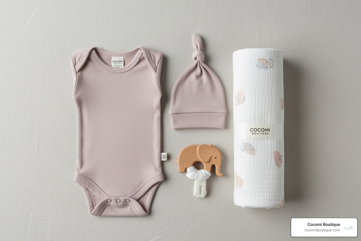 flat-lay of a Cocomi Boutique gift set showing a bodysuit, hat, swaddle, and wooden toy - organic baby gift set