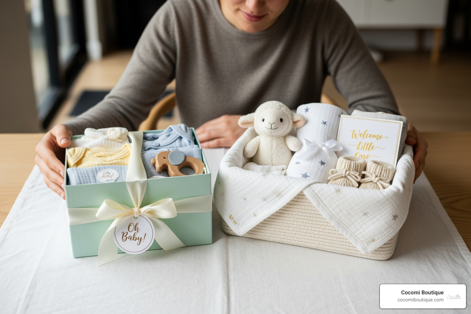 person thoughtfully comparing two different Cocomi Boutique baby gift sets - organic baby gift set