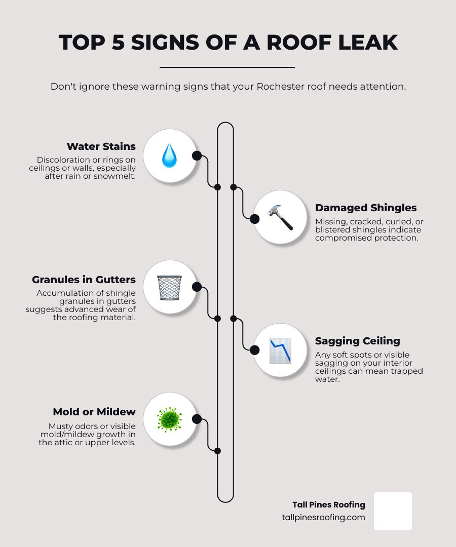 Infographic showing the top 5 signs of a roof leak: water stains on ceilings or walls, missing or damaged shingles, granules collecting in gutters, sagging ceiling sections, and mold or mildew growth in the attic - roof leak repair rochester ny infographic infographic-line-5-steps-elegant_beige