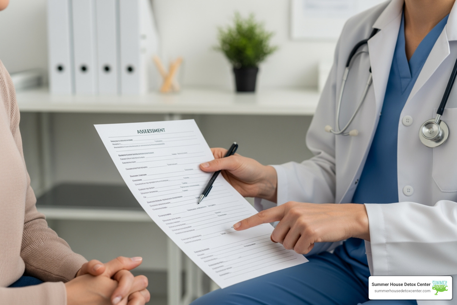 medical professional reviewing a CIWA-Ar assessment form with a patient - benzodiazepines for alcohol detox medical professional reviewing a CIWA-Ar assessment form with a patient - benzodiazepines for alcohol detox