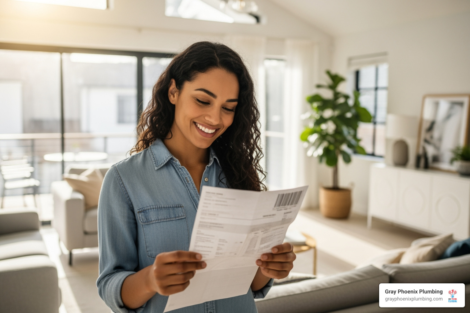 homeowner smiling at utility bill - cost to install an electric tankless water heater homeowner smiling at utility bill - cost to install an electric tankless water heater