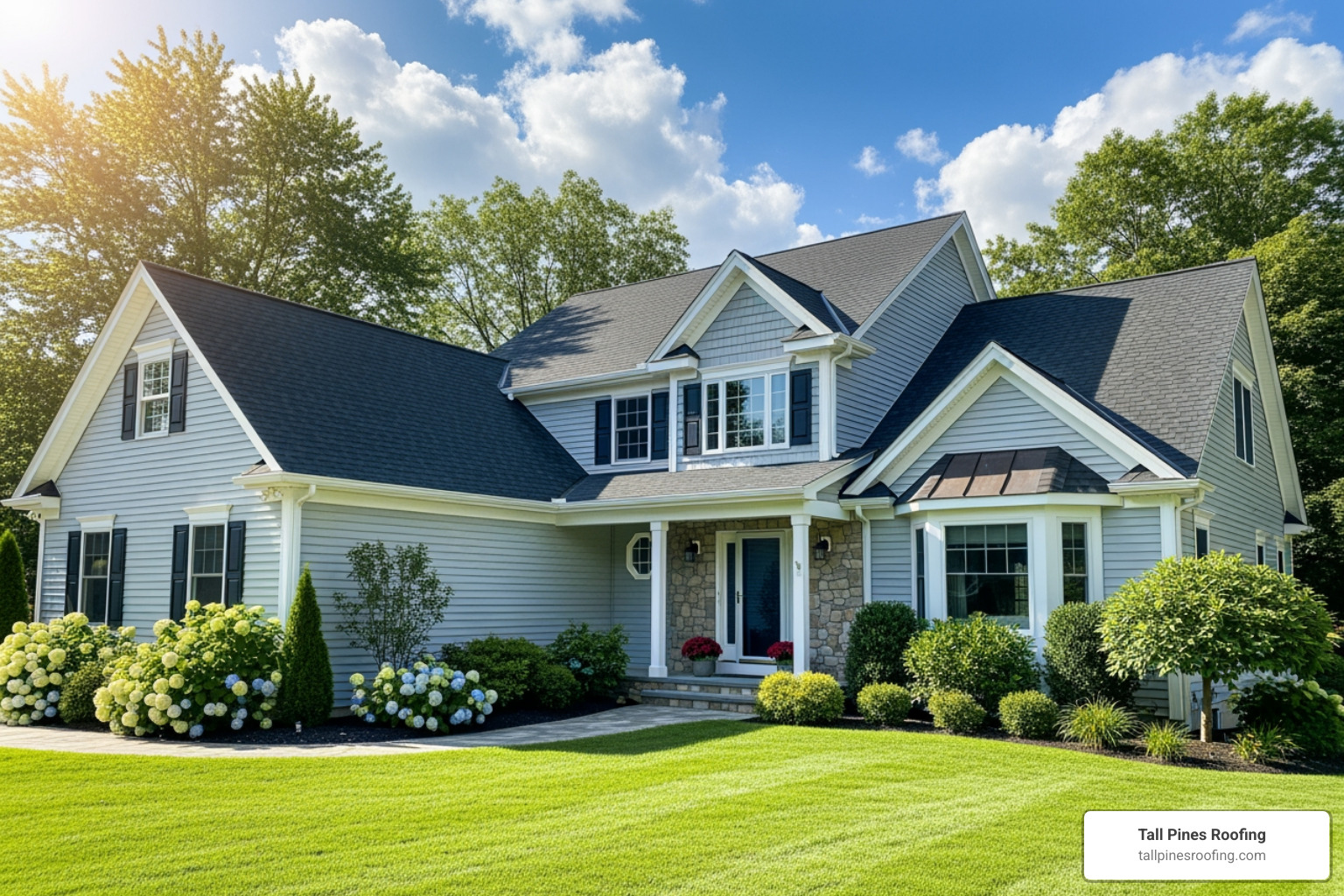 A beautifully maintained home exterior featuring a newly installed roof, siding, and gutters, all working in harmony. - tall pines roofing reviews rochester ny