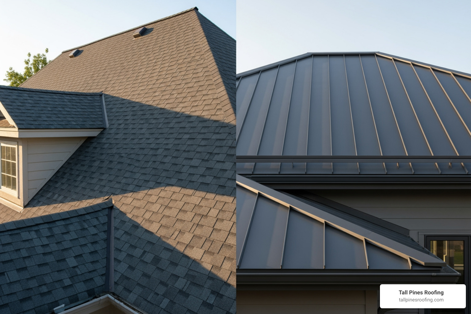 A split image showing a traditional asphalt shingle roof on one side and a modern standing seam metal roof on the other, highlighting their distinct aesthetic differences - tall pines roofing near rochester ny