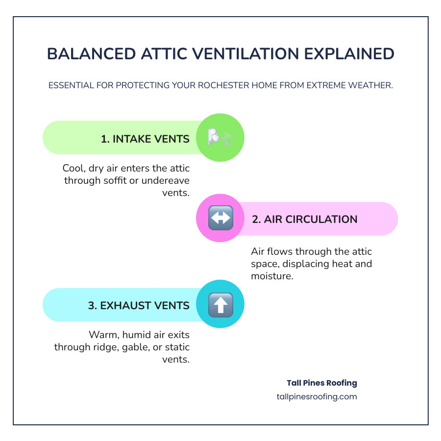 infographic showing balanced roof ventilation system with labeled intake vents at soffits drawing cool air in and exhaust vents at ridge expelling hot moist air with arrows indicating airflow path through attic space - roof vent issues repair rochester ny infographic infographic-line-3-steps-colors infographic showing balanced roof ventilation system with labeled intake vents at soffits drawing cool air in and exhaust vents at ridge expelling hot moist air with arrows indicating airflow path through attic space - roof vent issues repair rochester ny infographic infographic-line-3-steps-colors