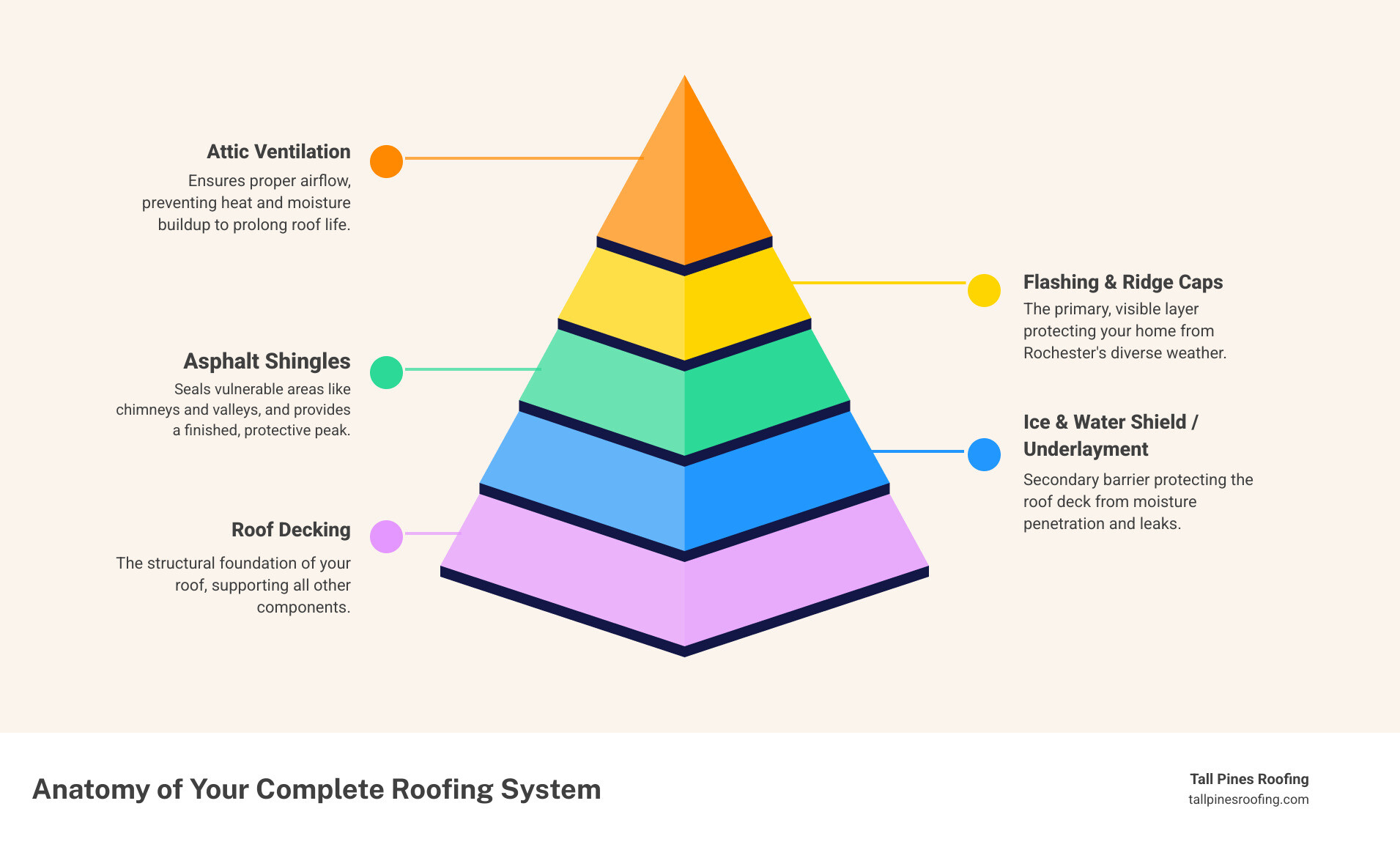 Infographic showing the complete anatomy of an asphalt shingle roofing system: roof decking at the base, followed by ice and water shield in vulnerable areas, synthetic underlayment across the entire roof surface, asphalt shingles as the visible layer, metal flashing around chimneys and valleys, ridge vents for attic ventilation, and ridge cap shingles at the peak—labeled clearly to show how each component works together to protect Rochester homes - asphalt shingle roofing in rochester ny infographic pyramid-hierarchy-5-steps Infographic showing the complete anatomy of an asphalt shingle roofing system: roof decking at the base, followed by ice and water shield in vulnerable areas, synthetic underlayment across the entire roof surface, asphalt shingles as the visible layer, metal flashing around chimneys and valleys, ridge vents for attic ventilation, and ridge cap shingles at the peak—labeled clearly to show how each component works together to protect Rochester homes - asphalt shingle roofing in rochester ny infographic pyramid-hierarchy-5-steps