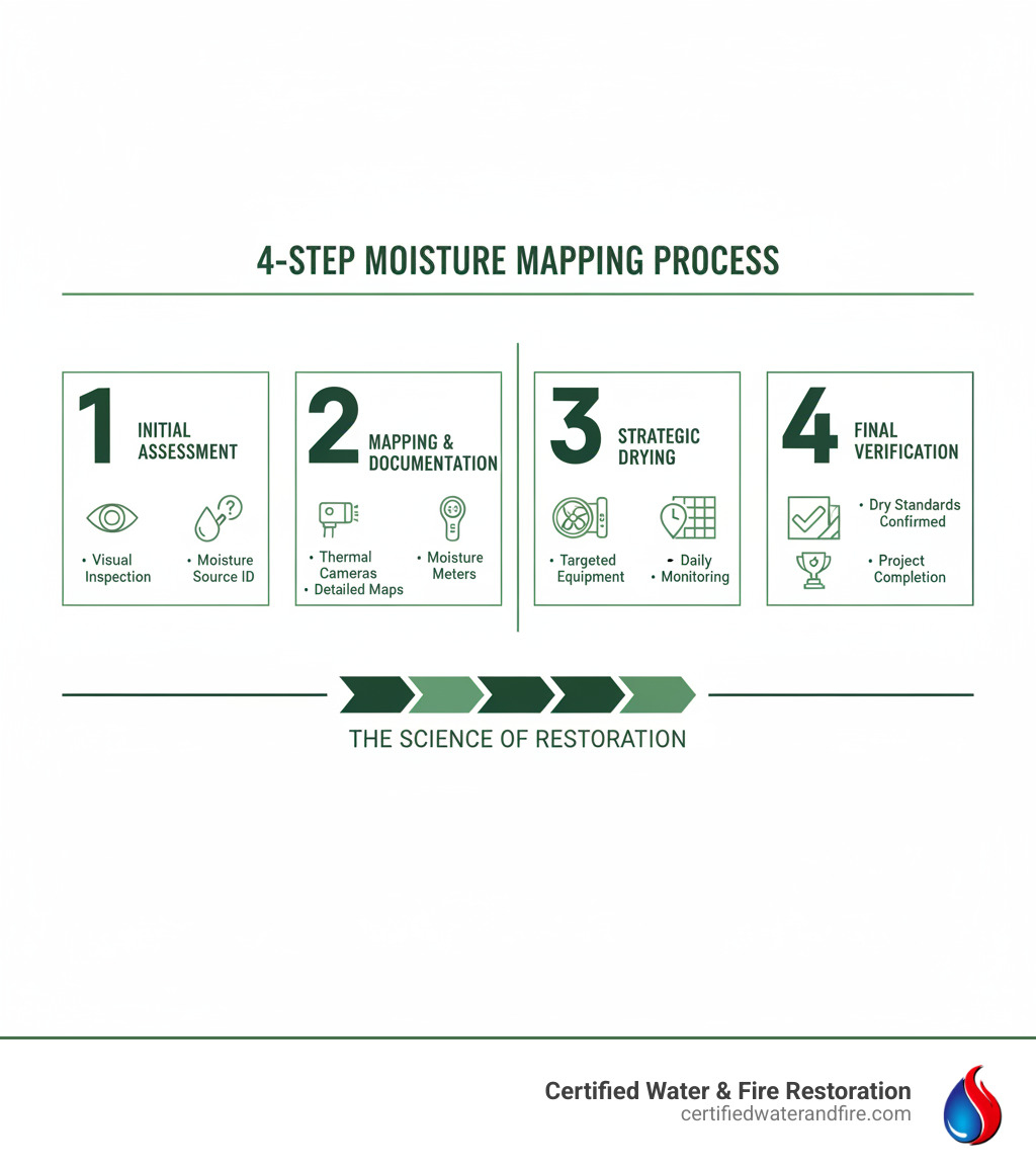 Infographic showing the 4-step moisture mapping process: Step 1 - Initial Assessment with visual inspection and moisture source identification; Step 2 - Mapping & Documentation using thermal cameras and moisture meters to create detailed maps; Step 3 - Strategic Drying with targeted equipment placement and daily monitoring; Step 4 - Final Verification confirming all materials have reached dry standards before project completion - moisture mapping infographic 