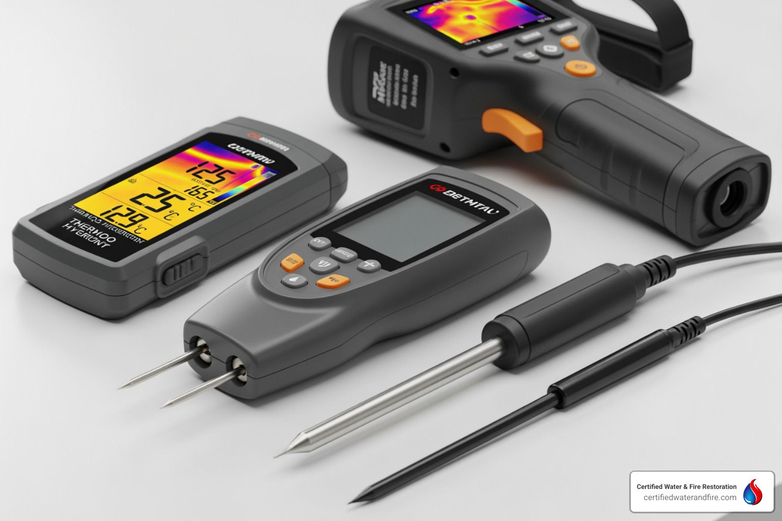 toolkit with a moisture meter, thermal camera, and thermo-hygrometer - moisture mapping