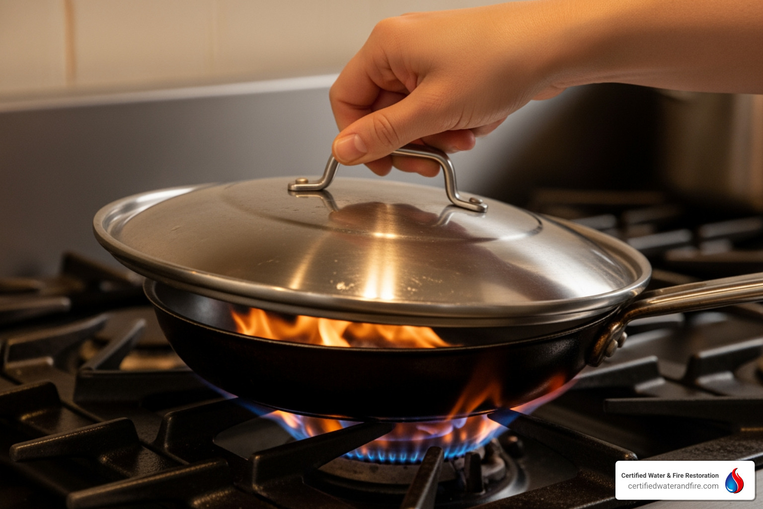 metal lid being slid over a burning pan - how to put out a grease fire