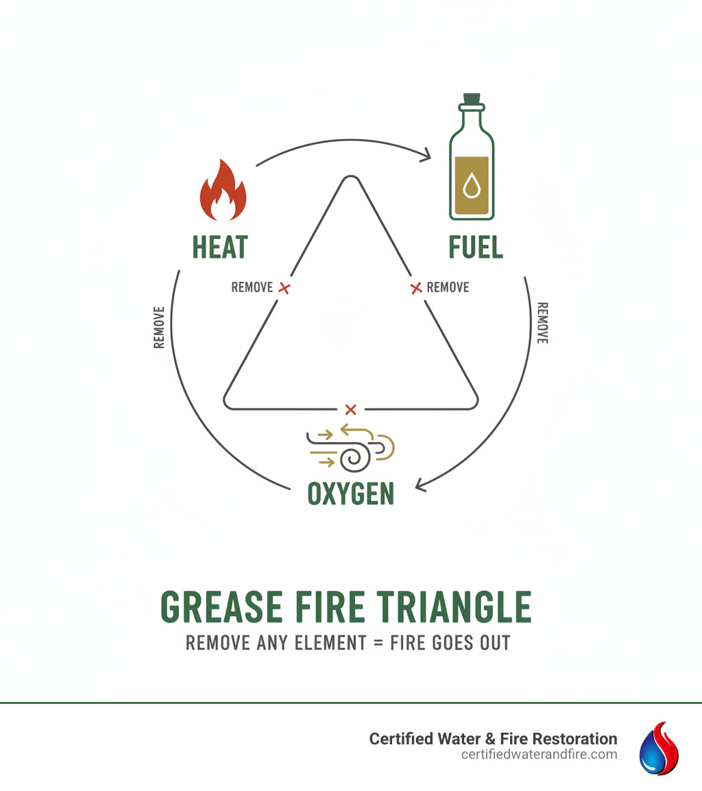 infographic explaining the fire triangle with three connected elements: Heat (represented by a flame), Fuel (represented by a bottle of cooking oil), and Oxygen (represented by air flow), with text explaining that removing any one element will extinguish a grease fire - how to put out a grease fire infographic 