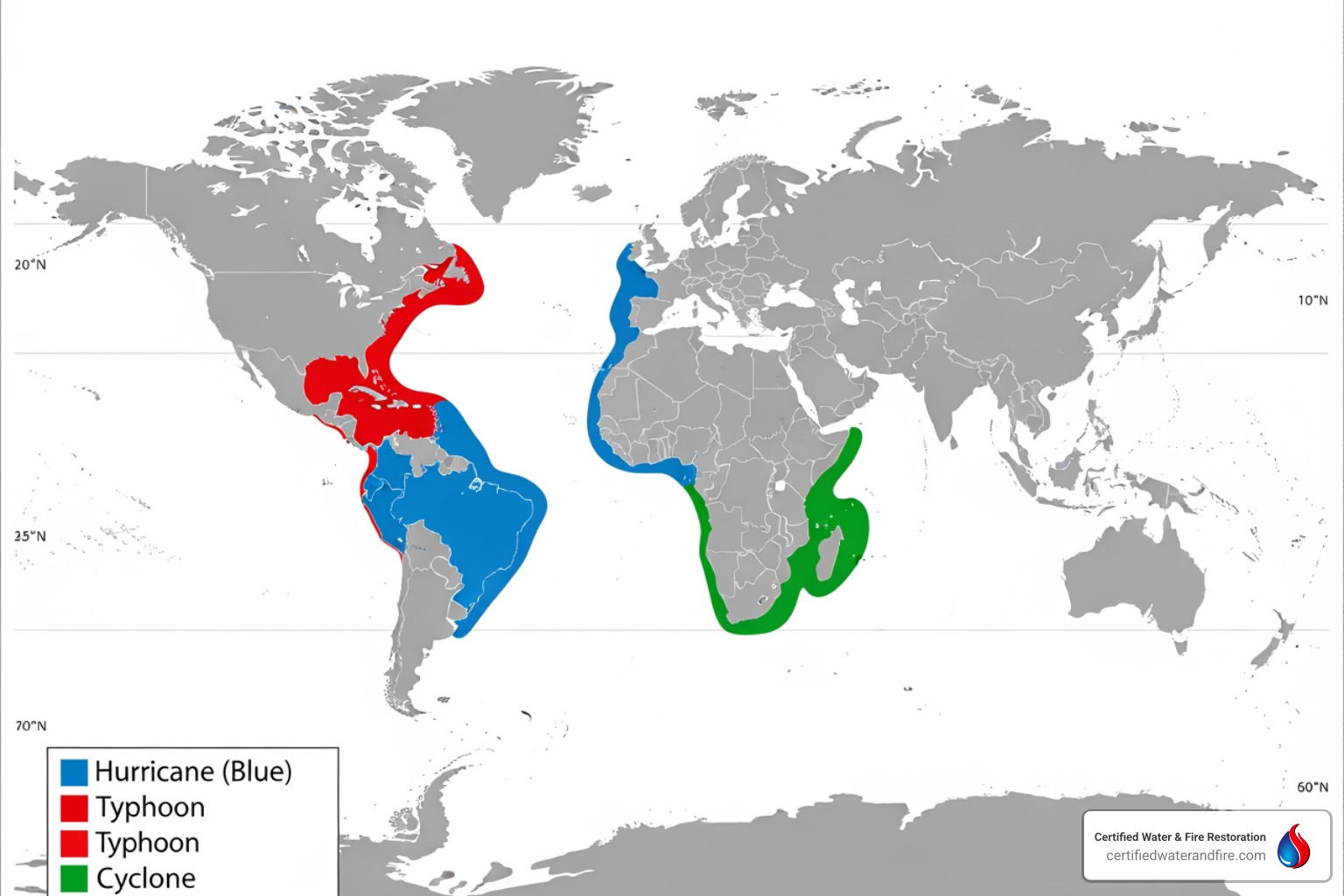 World map highlighting hurricane, typhoon, and cyclone basins - cyclone vs hurricane