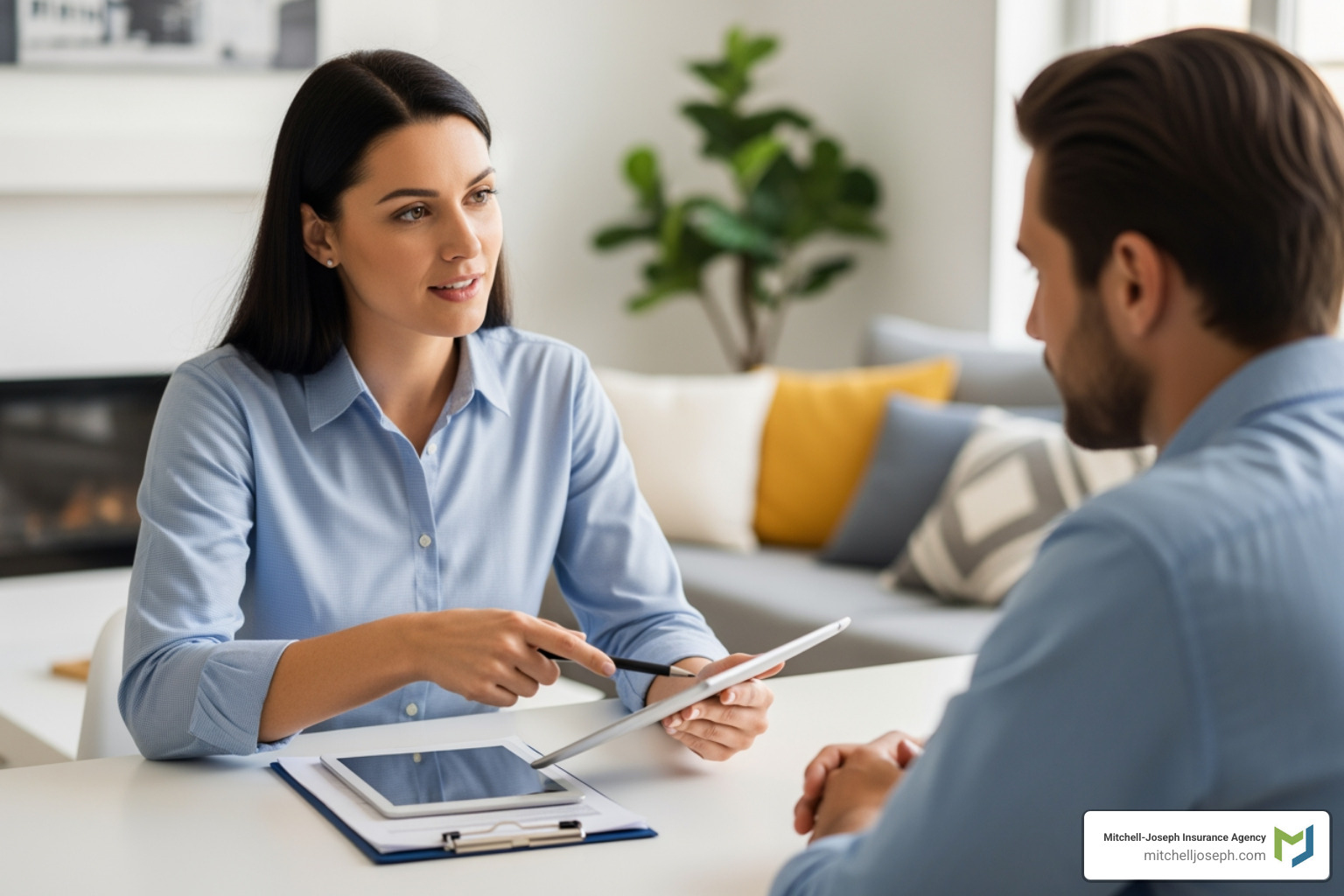 insurance agent explaining policy to homeowner - Water Line Insurance