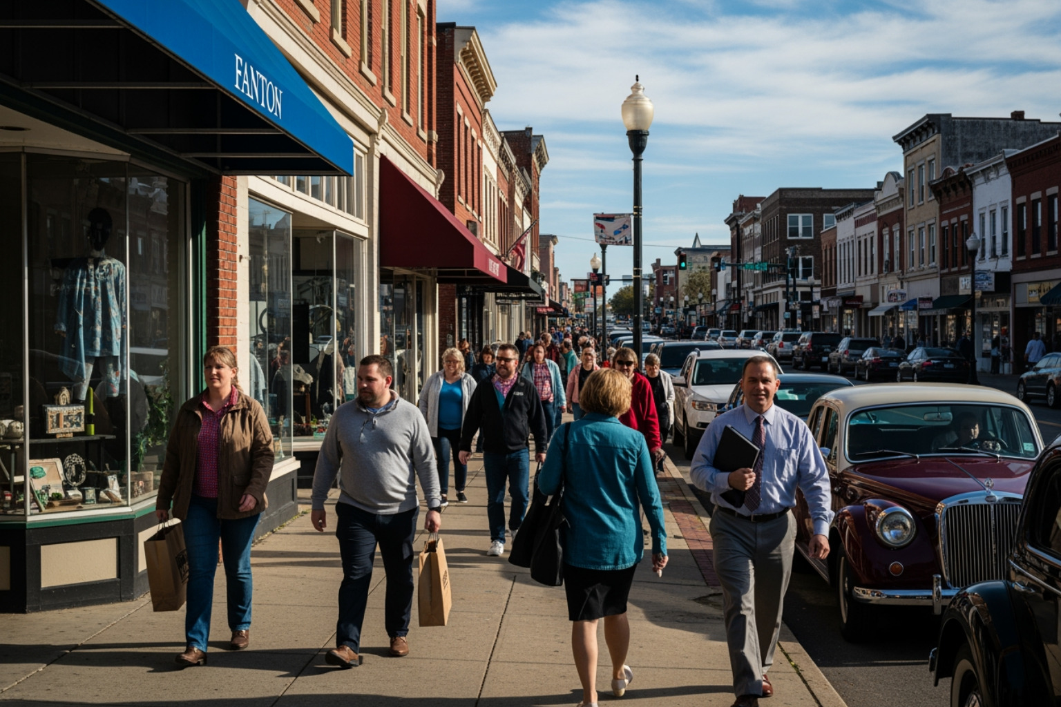 A bustling street scene in Canton, Ohio, with local businesses and people walking by. - Search engine marketing Ohio