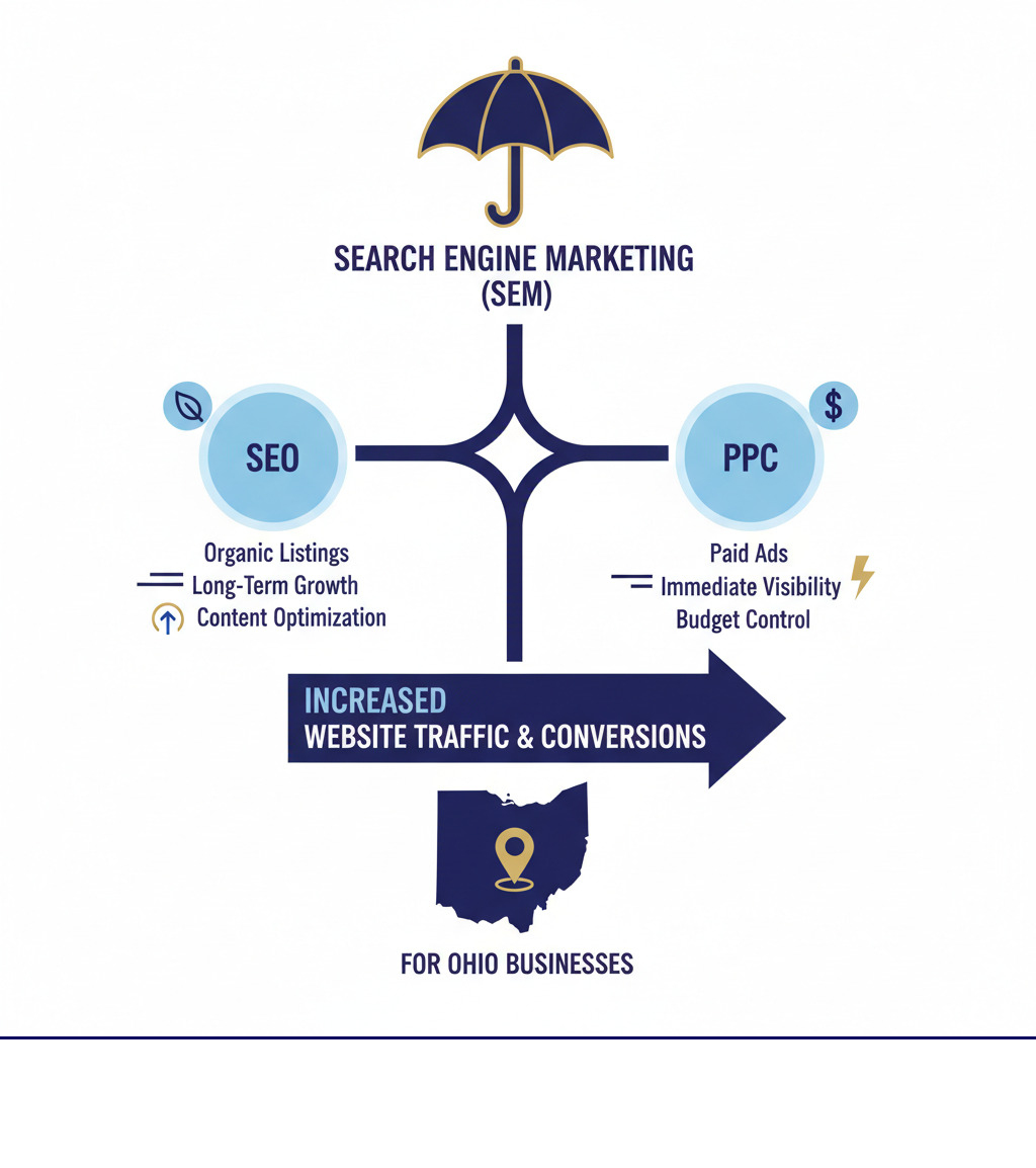 Infographic showing Search Engine Marketing (SEM) as an umbrella covering two main branches: SEO (Search Engine Optimization) with organic listings, long-term growth, and content optimization; and PPC (Pay-Per-Click) with paid ads, immediate visibility, and budget control. Both paths lead to increased website traffic and customer conversions for Ohio businesses. - Search engine marketing Ohio infographic 