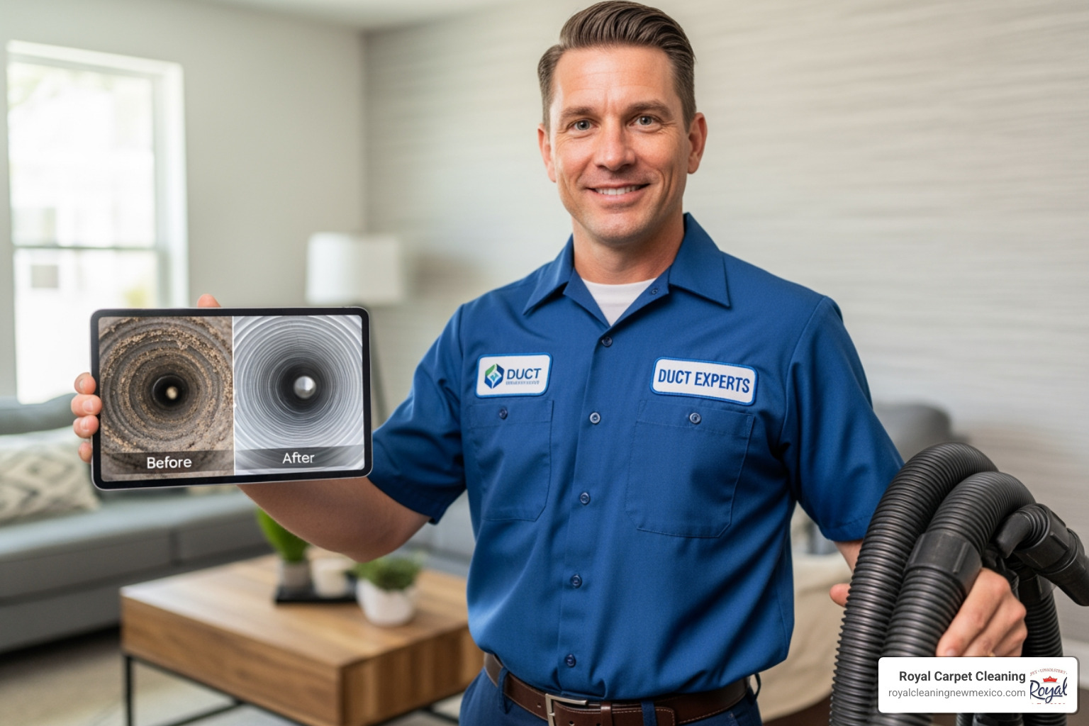 certified technician showing before-and-after photo - duct vent cleaning near me