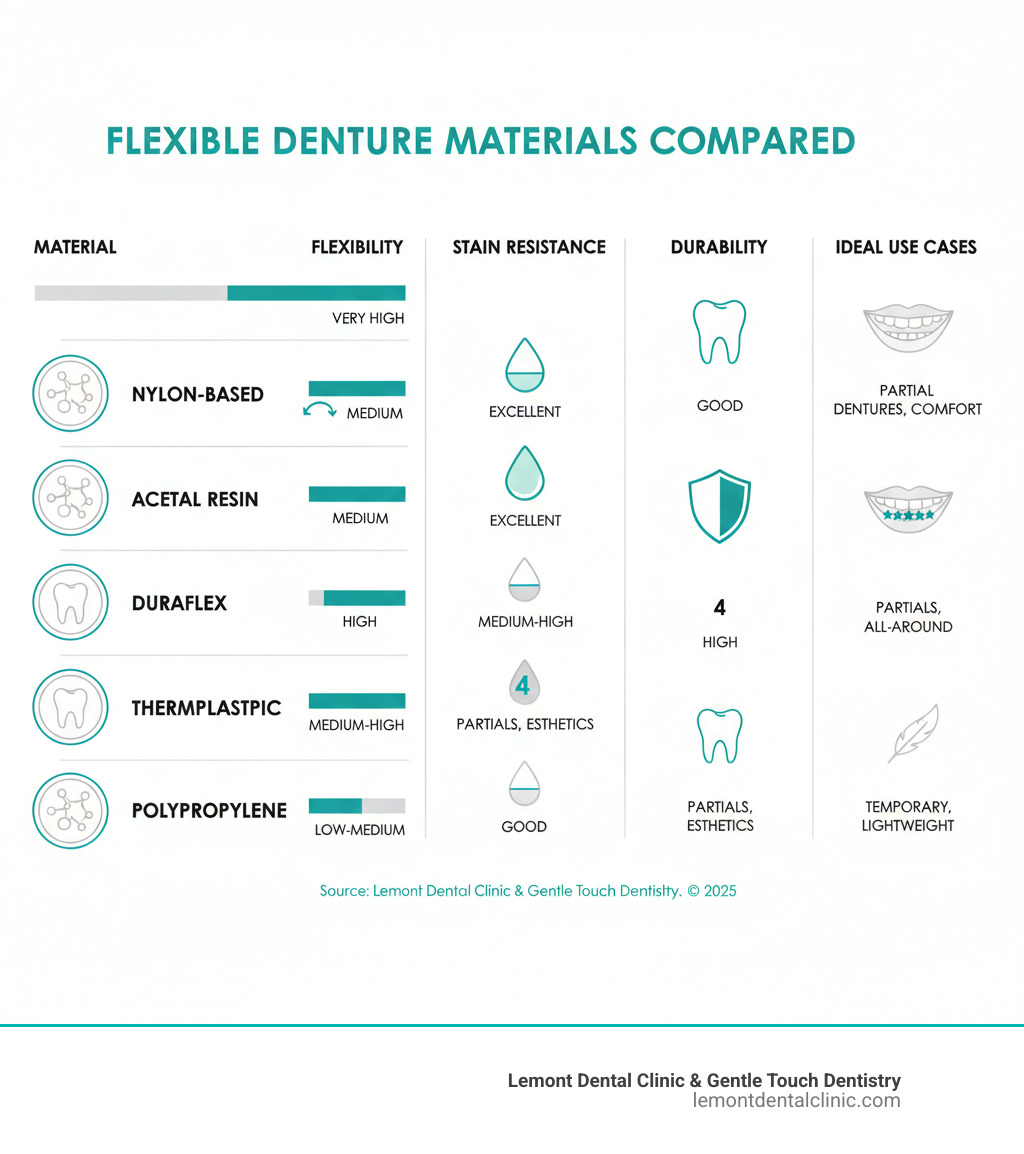 Infographic comparing types of flexible dentures by material, showing nylon-based, acetal resin, Duraflex, thermoplastic, and polypropylene options with their key properties including flexibility levels, stain resistance, durability ratings, and ideal use cases - types of flexible dentures infographic Infographic comparing types of flexible dentures by material, showing nylon-based, acetal resin, Duraflex, thermoplastic, and polypropylene options with their key properties including flexibility levels, stain resistance, durability ratings, and ideal use cases - types of flexible dentures infographic