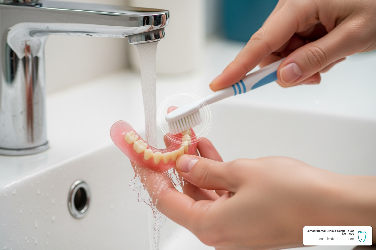 A person gently brushing a flexible partial denture with a soft-bristled brush under cool running water - types of flexible dentures A person gently brushing a flexible partial denture with a soft-bristled brush under cool running water - types of flexible dentures