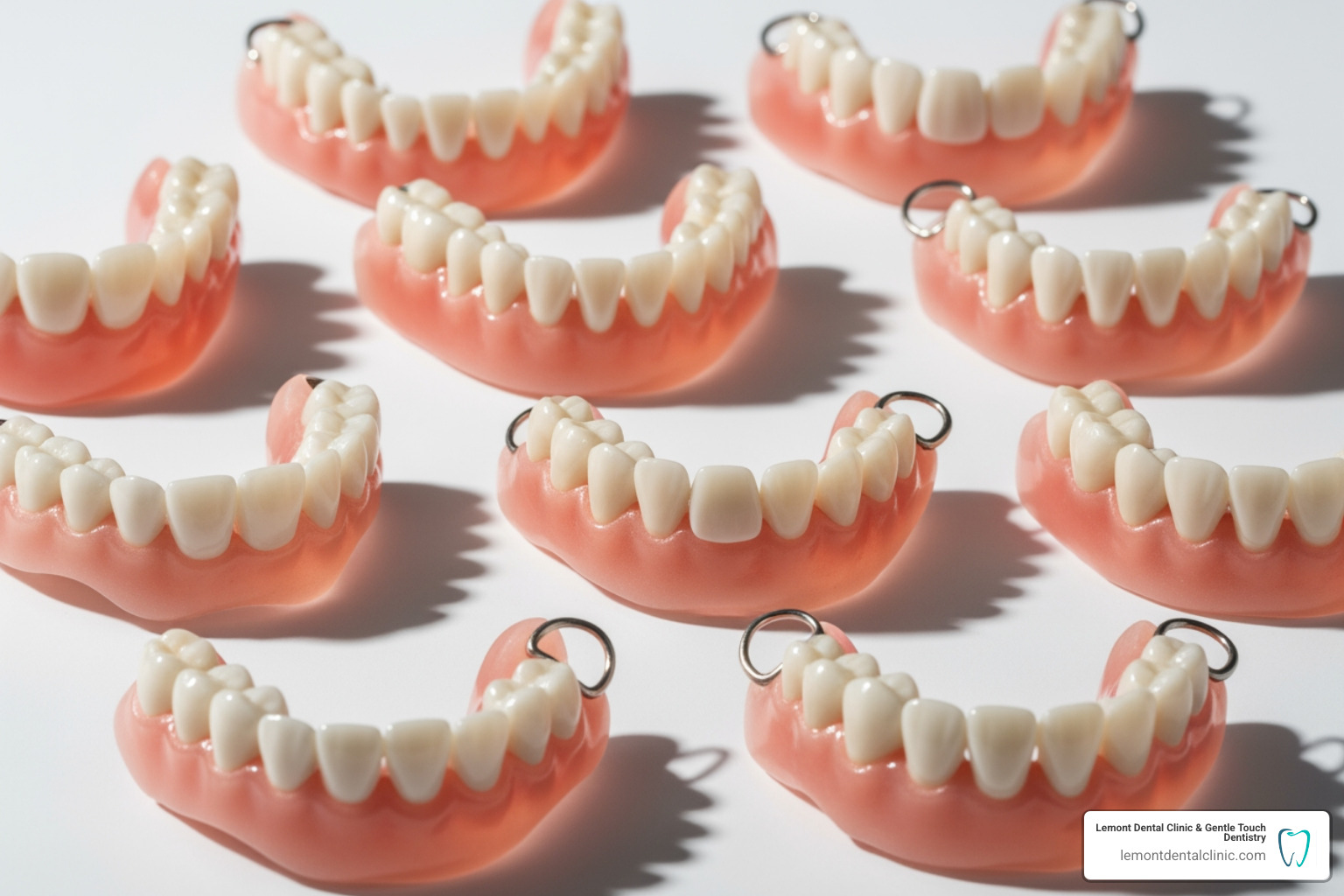 Examples of different flexible partial dentures for upper and lower arches, showcasing various tooth replacements and gum-colored bases - types of flexible dentures Examples of different flexible partial dentures for upper and lower arches, showcasing various tooth replacements and gum-colored bases - types of flexible dentures