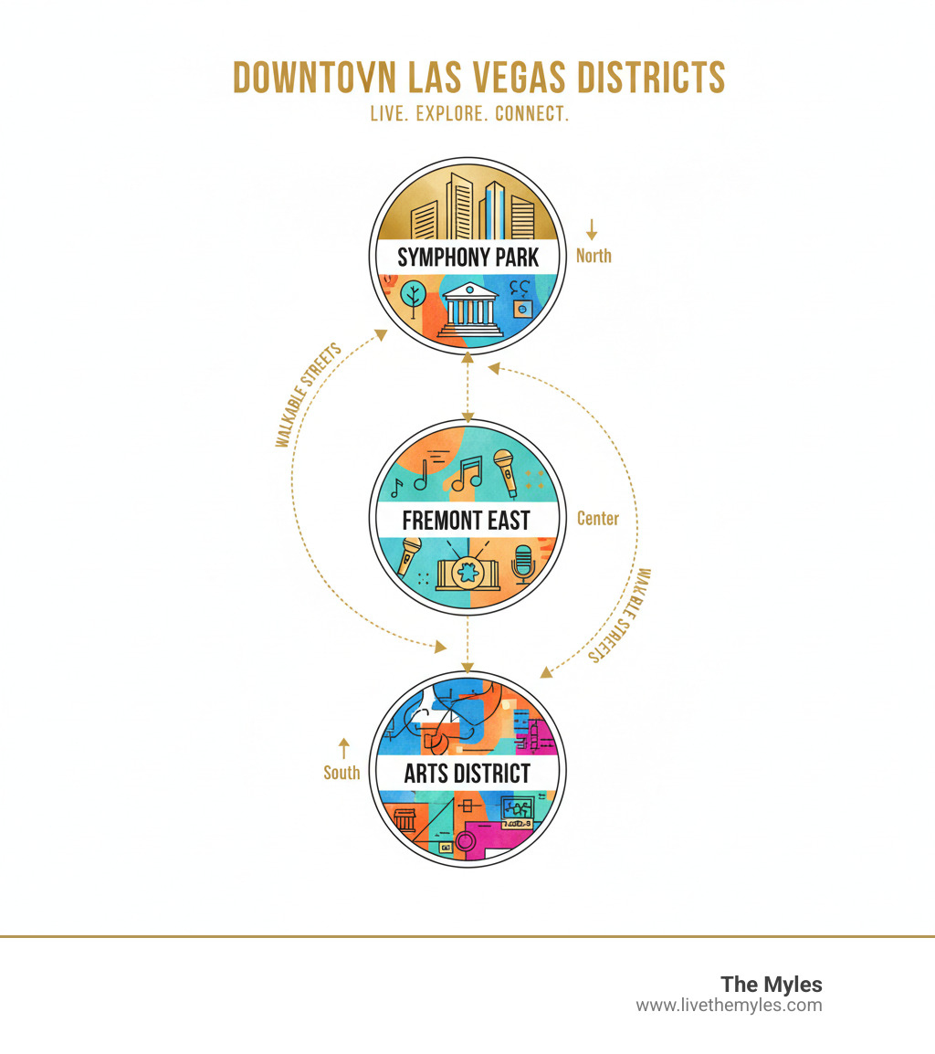 Infographic showing Downtown Las Vegas districts: Arts District with colorful murals and galleries in the south, Fremont East District with entertainment venues in the center, and Symphony Park with modern high-rises and cultural centers in the north, connected by walkable streets - apartments near downtown las vegas infographic 