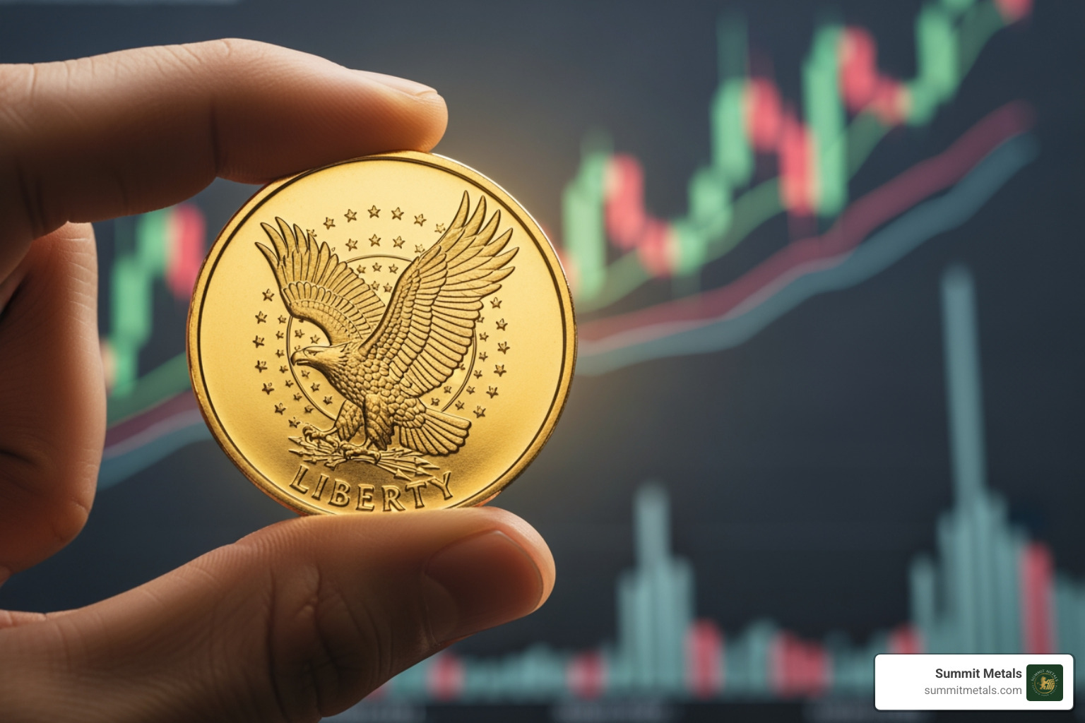 Gold coin in hand, financial chart in background - 1 oz pure gold coin