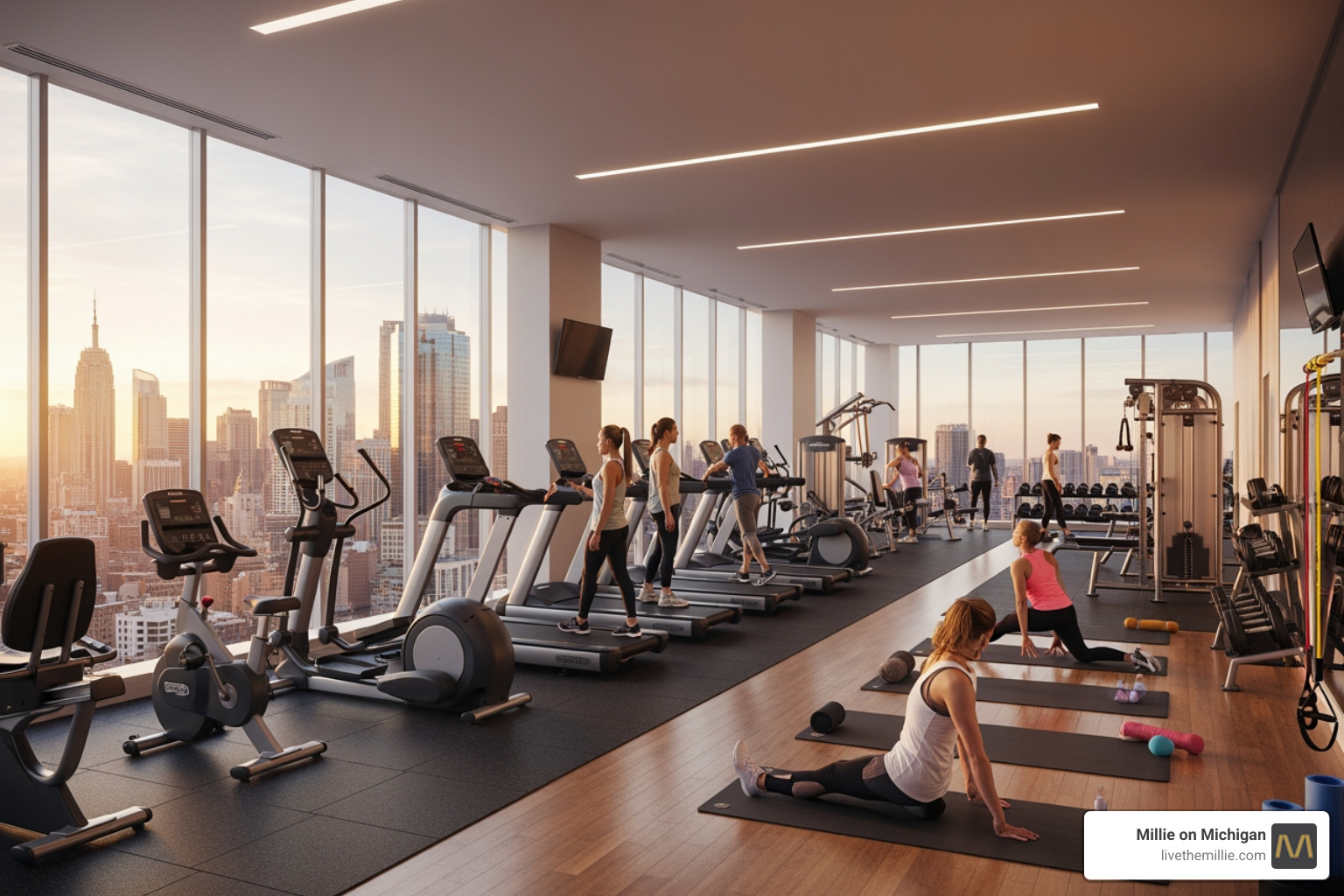 high-end apartment building fitness center overlooking the city - studio apartments Chicago Loop