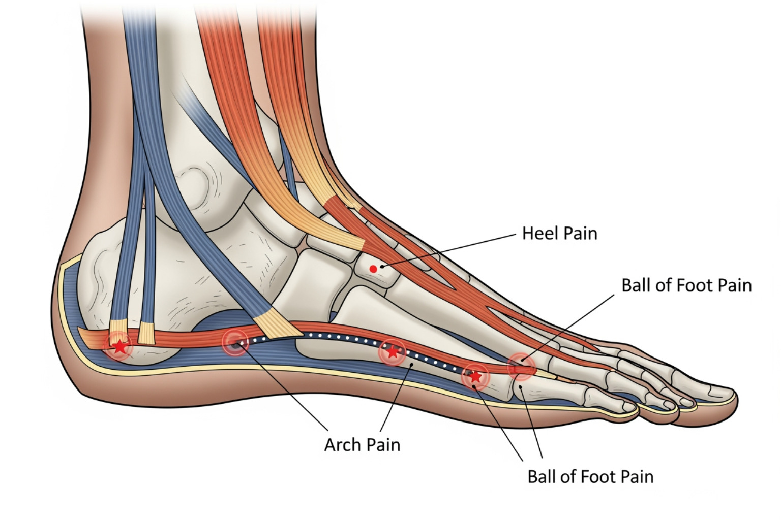 Anatomy of the foot highlighting plantar fascia and common pain points - aching foot cream