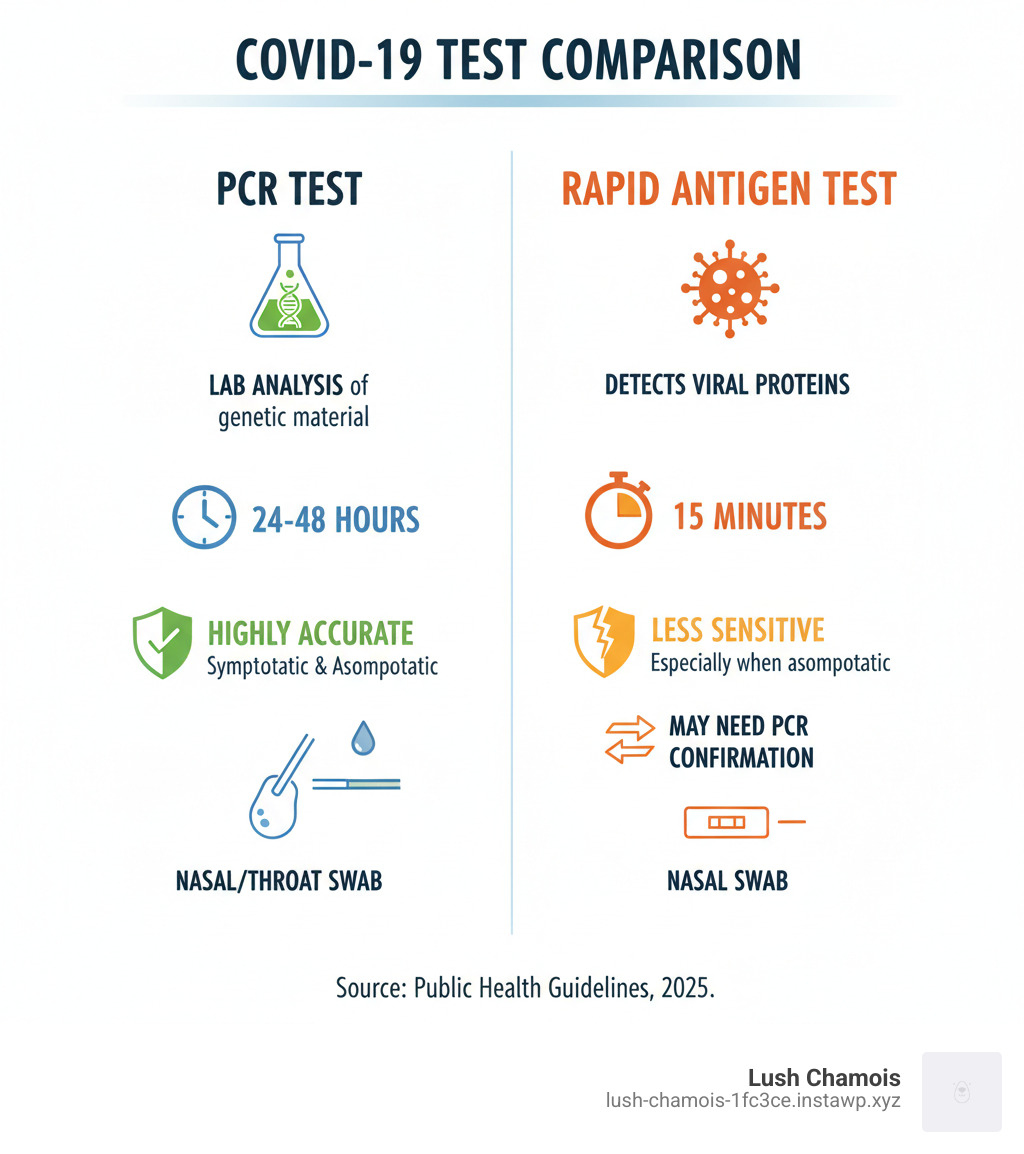 infographic showing PCR test vs rapid antigen test comparison: PCR test uses lab analysis of genetic material, takes 24-48 hours, highly accurate for symptomatic and asymptomatic cases, requires nasal or throat swab; Rapid antigen test detects viral proteins, gives results in 15 minutes, less sensitive especially when asymptomatic, may need confirmation with PCR test - schedule pcr test infographic 
