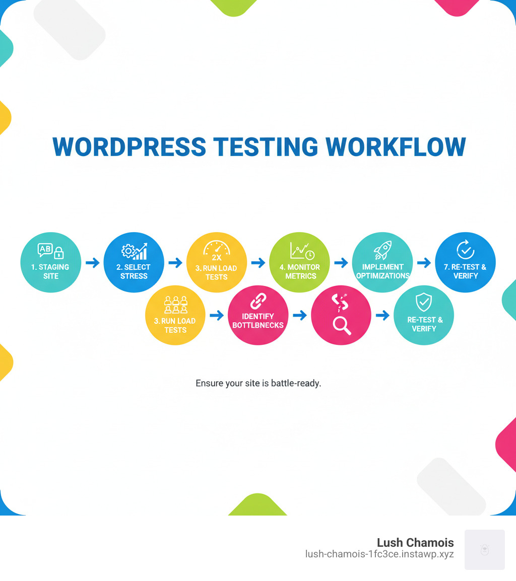 Infographic showing the complete WordPress testing workflow: 1) Set up safe testing environment with staging site, 2) Select and configure stress testing tool, 3) Run progressive load tests starting at 2x peak traffic, 4) Monitor key metrics including response time and error rates, 5) Identify bottlenecks in hosting, plugins, or database, 6) Implement optimizations like caching and CDN, 7) Re-test to verify improvements - testing wordpress infographic 