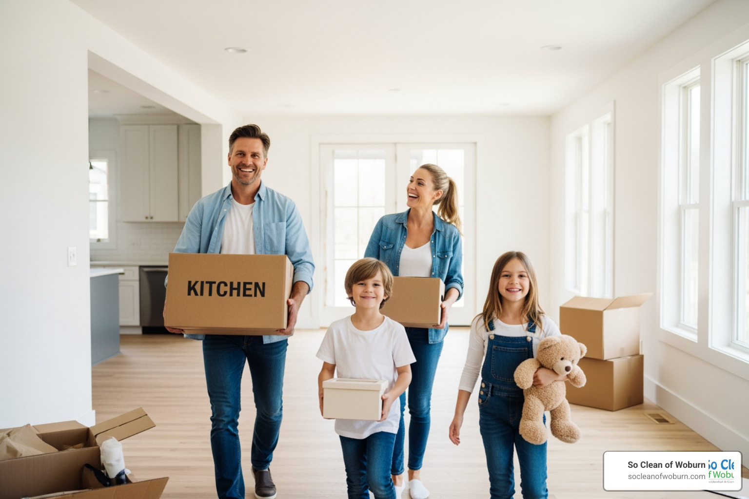 A happy family moving into a perfectly clean, newly renovated home - Post construction house cleaning