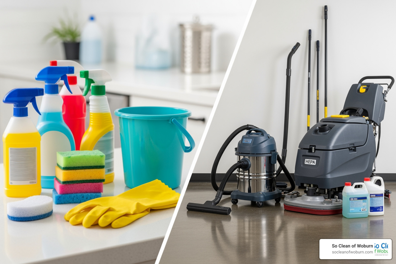 DIY cleaning supplies next to professional-grade equipment - Post construction house cleaning