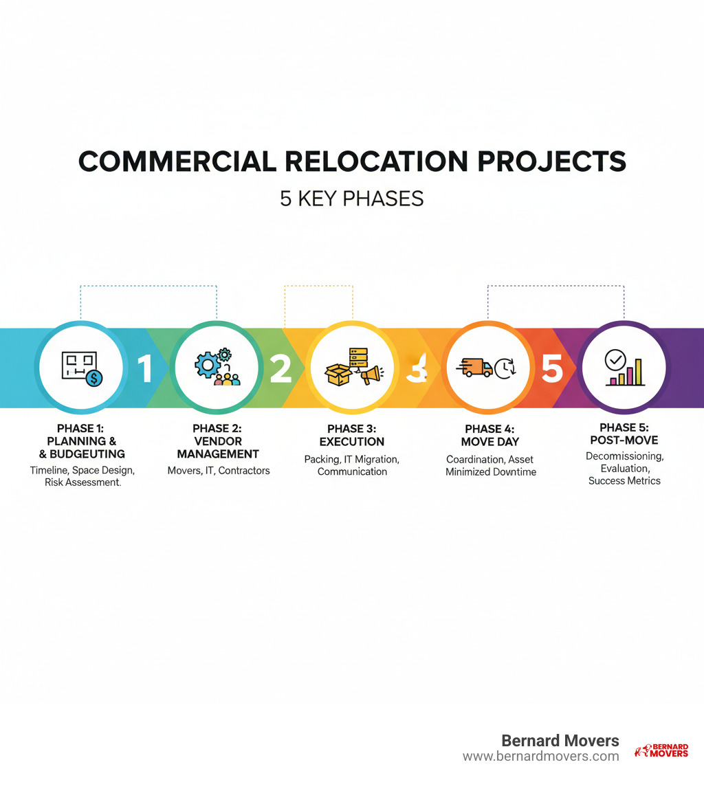 Infographic showing the 5 key phases of commercial relocation projects: Phase 1 - Planning & Budgeting (timeline development, space design, risk assessment), Phase 2 - Vendor Management (selecting movers, IT providers, contractors), Phase 3 - Execution (packing, IT migration, employee communication), Phase 4 - Move Day (coordination, asset protection, minimizing downtime), and Phase 5 - Post-Move (decommissioning, evaluation, success metrics) - commercial relocation projects infographic Infographic showing the 5 key phases of commercial relocation projects: Phase 1 - Planning & Budgeting (timeline development, space design, risk assessment), Phase 2 - Vendor Management (selecting movers, IT providers, contractors), Phase 3 - Execution (packing, IT migration, employee communication), Phase 4 - Move Day (coordination, asset protection, minimizing downtime), and Phase 5 - Post-Move (decommissioning, evaluation, success metrics) - commercial relocation projects infographic