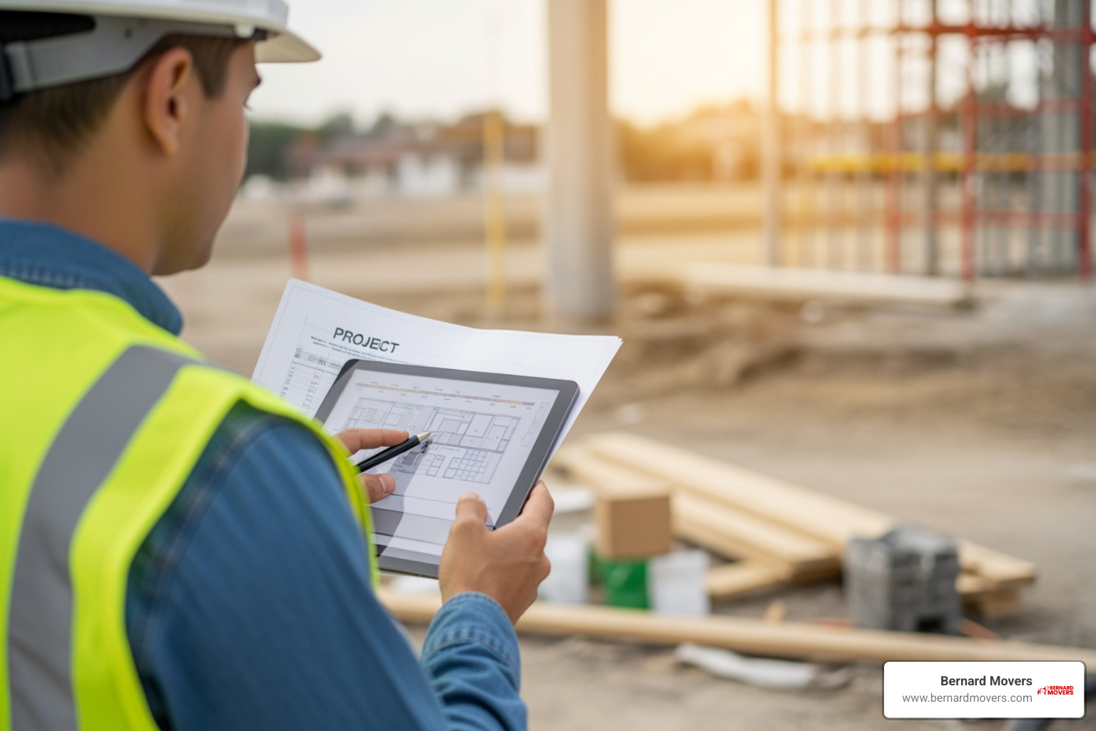 A project manager reviewing blueprints and a timeline on a tablet at a new office construction site. - commercial relocation projects A project manager reviewing blueprints and a timeline on a tablet at a new office construction site. - commercial relocation projects