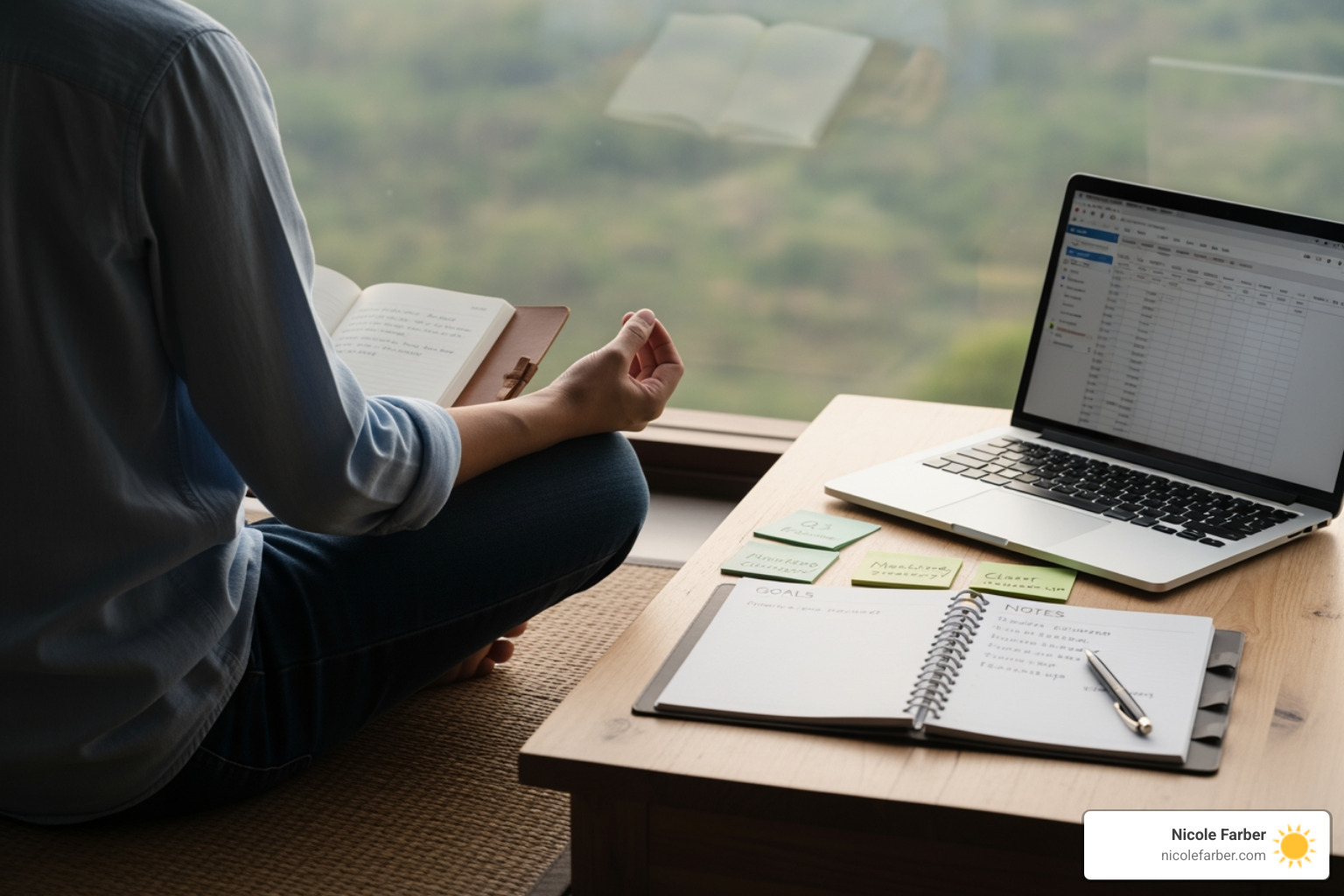 person meditating or journaling with business notes nearby - entrepreneurship life coach person meditating or journaling with business notes nearby - entrepreneurship life coach