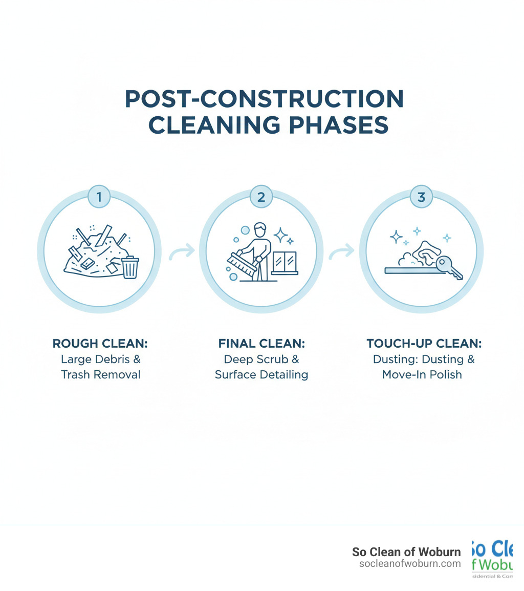 Infographic showing three phases of post-construction cleaning: Phase 1 - Rough Clean removes large debris, trash, and construction materials; Phase 2 - Final Clean involves detailed scrubbing of all surfaces, floors, walls, and fixtures; Phase 3 - Touch-Up Clean addresses resettled dust and final polishing for move-in perfection - Post construction house cleaning infographic 